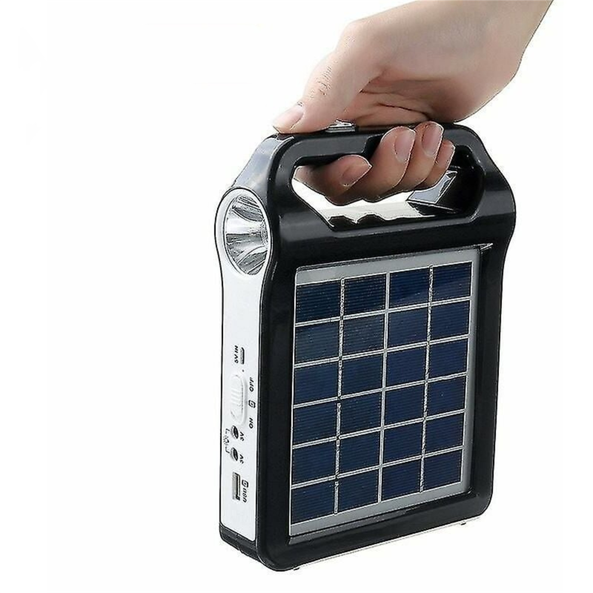 Schwarze solarbetriebene Lampe mit Griff. Hand hält den Griff. Weiß und Schwarz.
