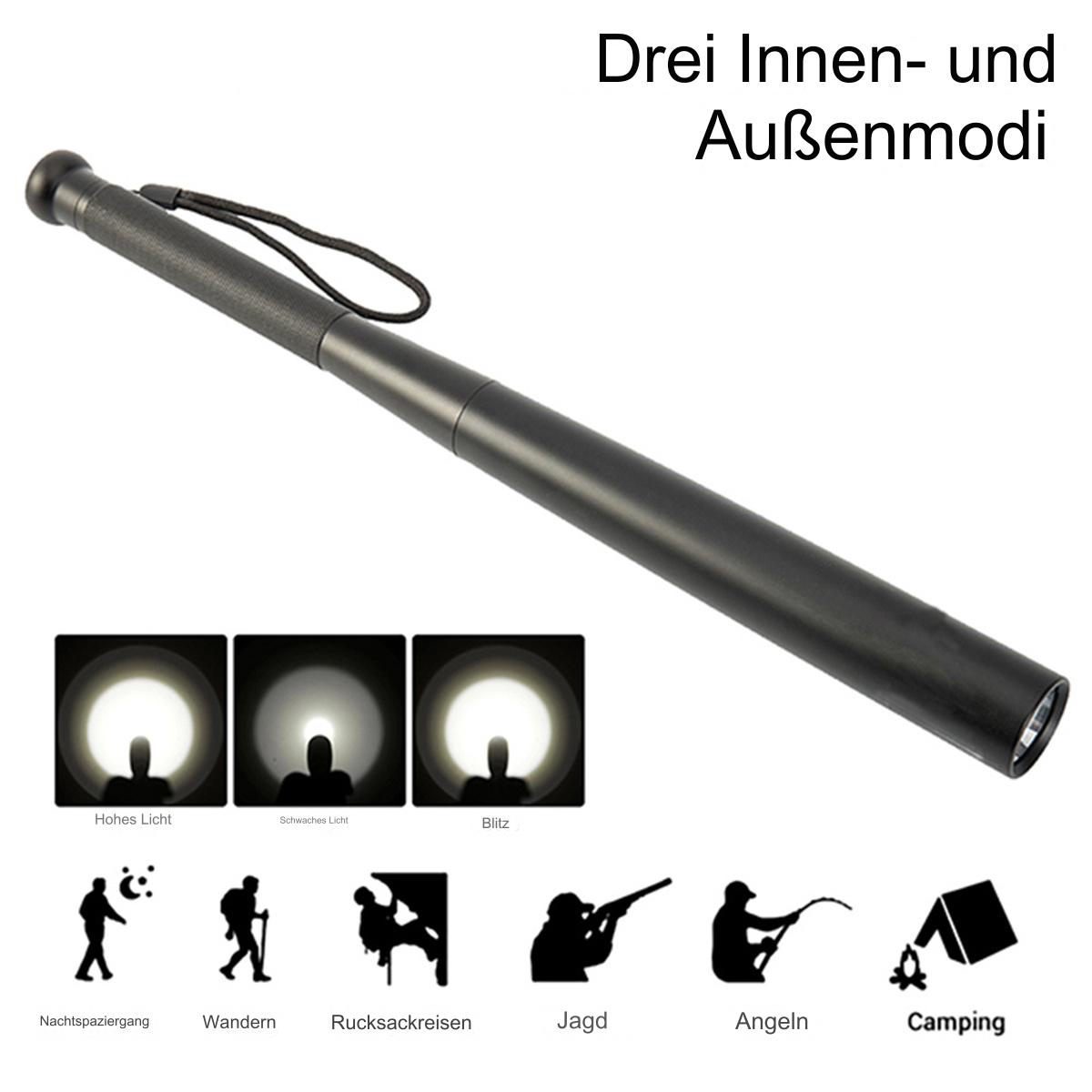 Eine schwarze Taschenlampe mit Symbolen für Wandern, Camping und Angeln.