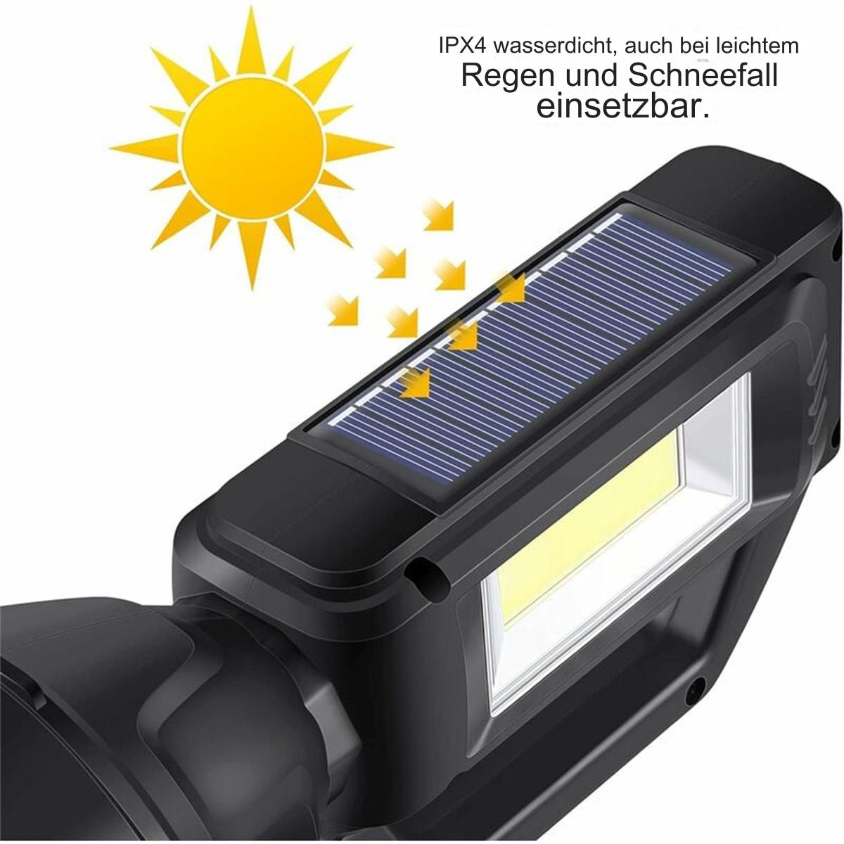 Solarbetriebene Leuchte mit Sonnensymbol und Text über Regen und Schneefall.