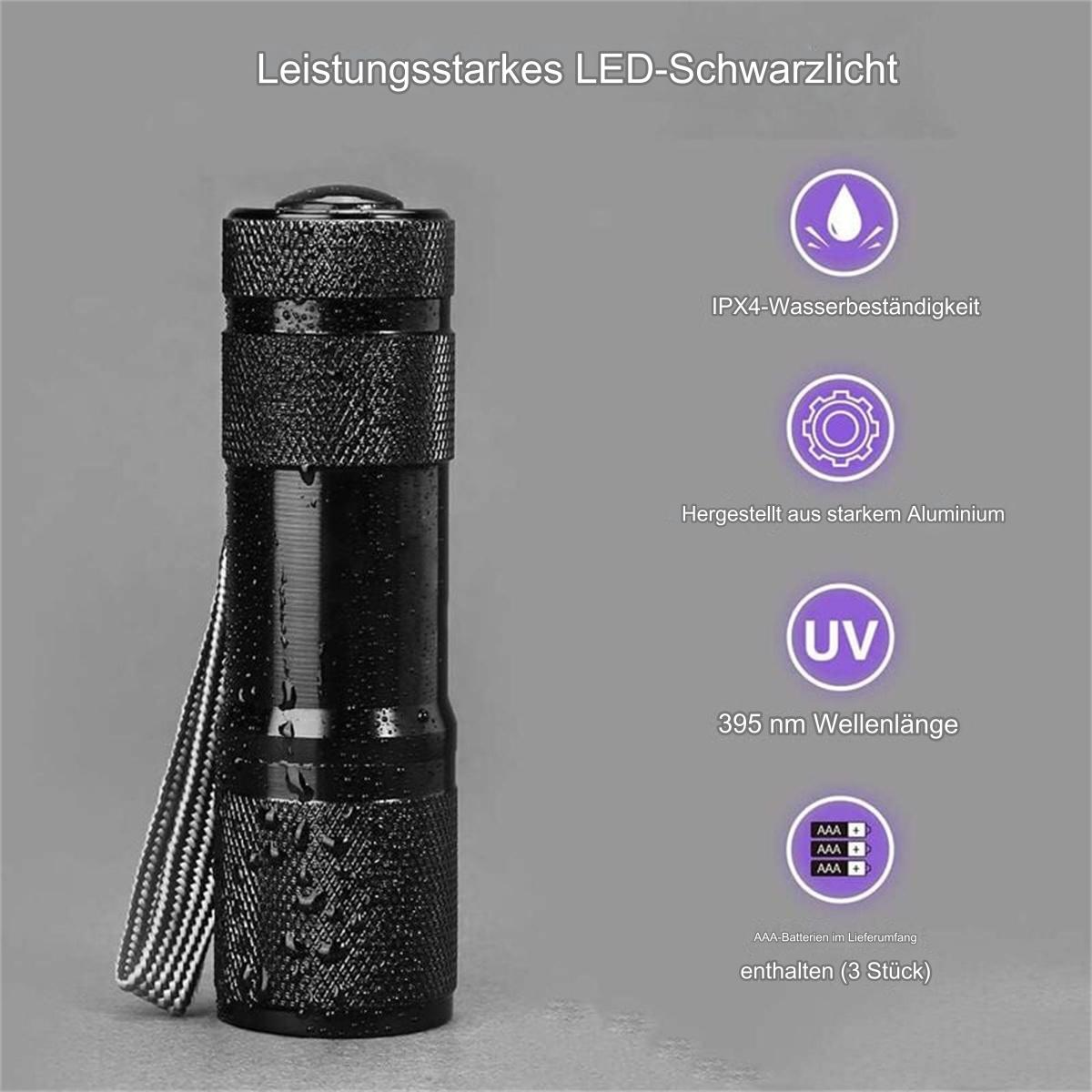 Eine schwarze Taschenlampe mit Handschlaufe. Text weist auf Wasserdichtigkeit, Aluminium und UV-Wellenlänge hin.