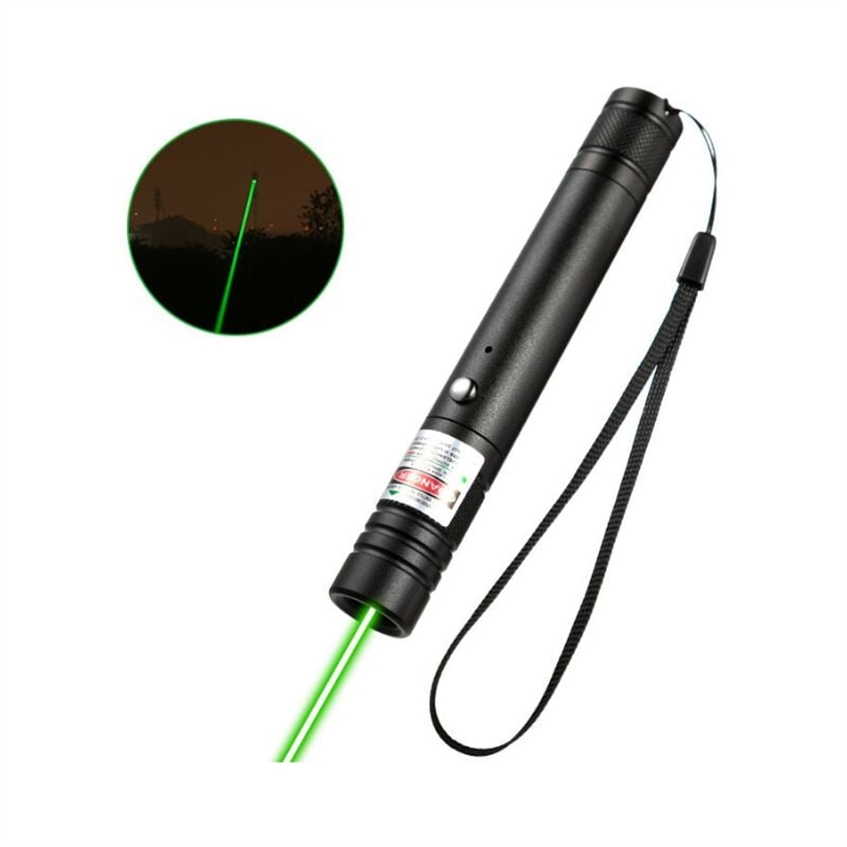 Schwarzer Laserpointer mit grünem Strahl und separater Einsatz, der den Strahl auf dunklem Hintergrund zeigt.