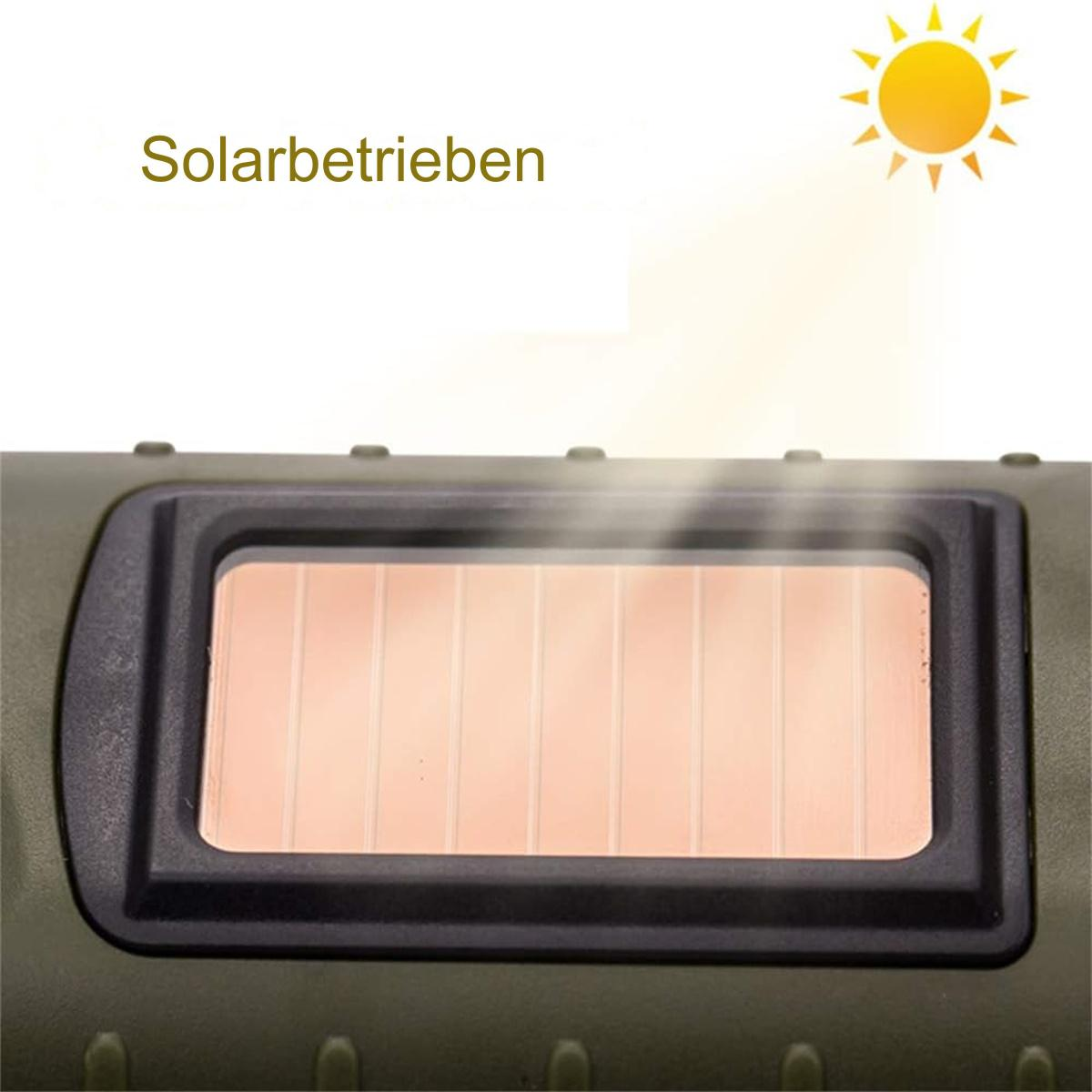 Ein Solarpanel-Gerät mit einem Sonnensymbol, das Licht und ein transparentes Fenster ausstrahlt.