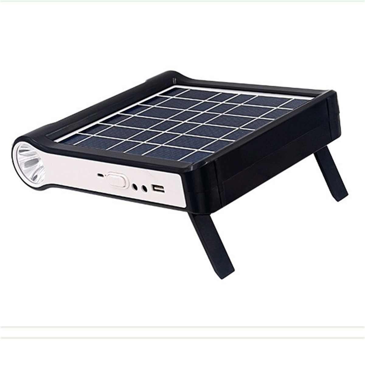 Schwarzes Solarpanel mit Licht, USB- und anderen Anschlüssen, mit Ständer.