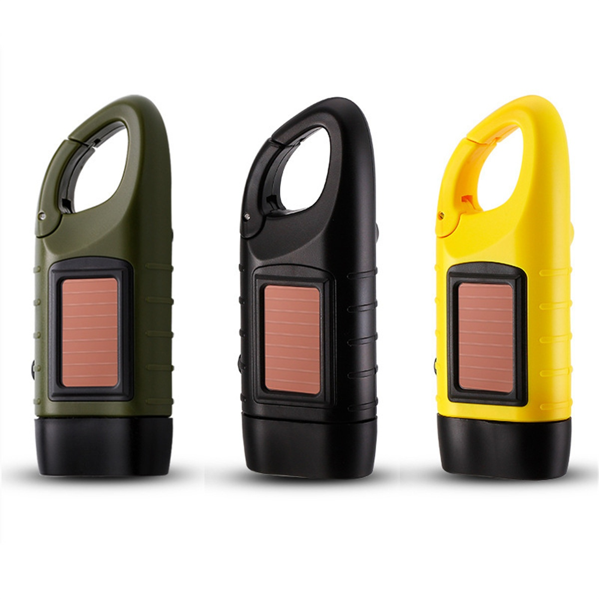 Drei Taschenlampen: grün, schwarz und gelb. Jede hat ein Solarpanel und einen Karabinerhaken oben.