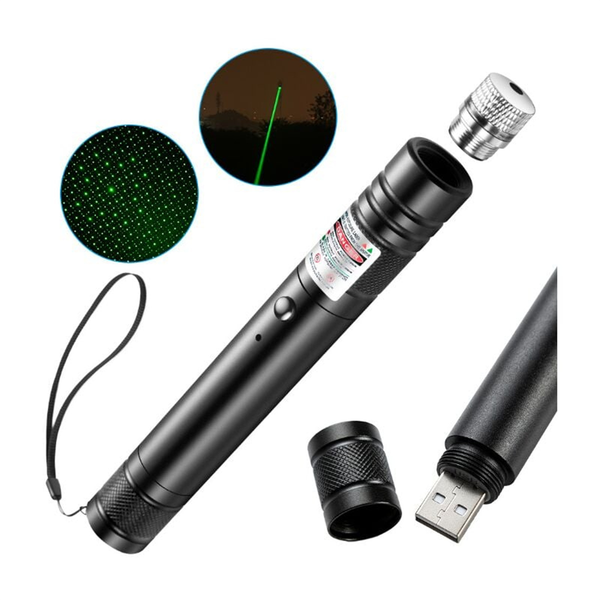 Schwarzer Laserpointer mit mehreren Aufsätzen. Grüner Laserstrahl und Punktmuster sichtbar.