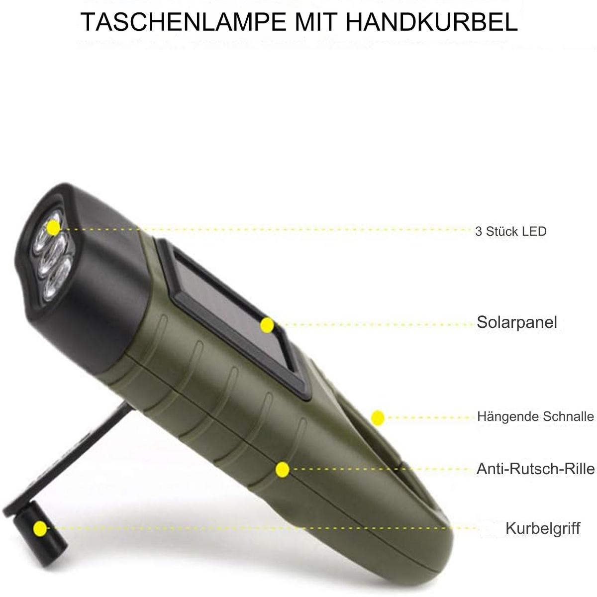 Grüne Taschenlampe mit Solarpanel und Kurbel. Beschriftet mit deutschem Text.