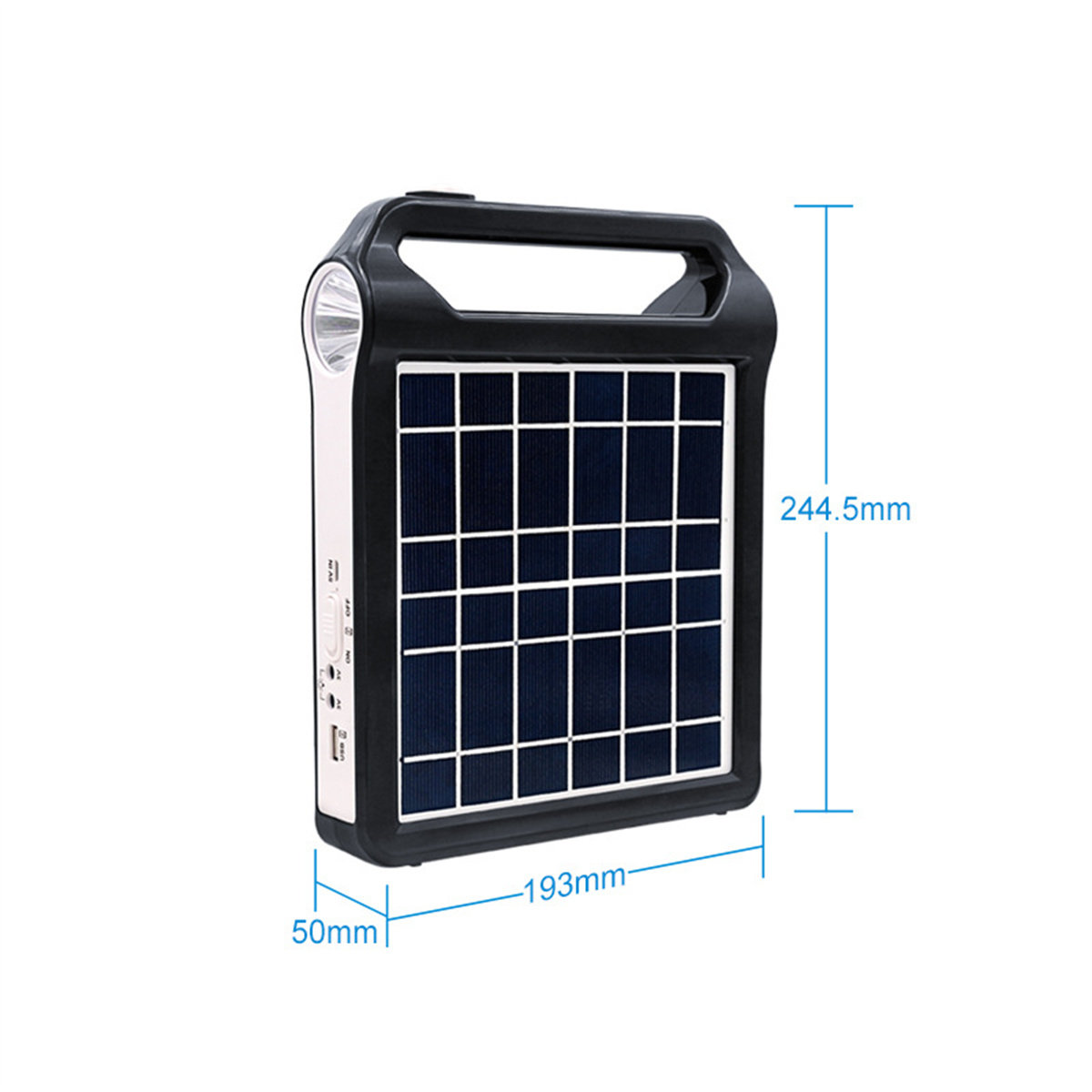 Eine schwarz-weiße Solar-Powerbank mit angezeigten Abmessungen. Sie hat einen Griff und eine Taschenlampe.