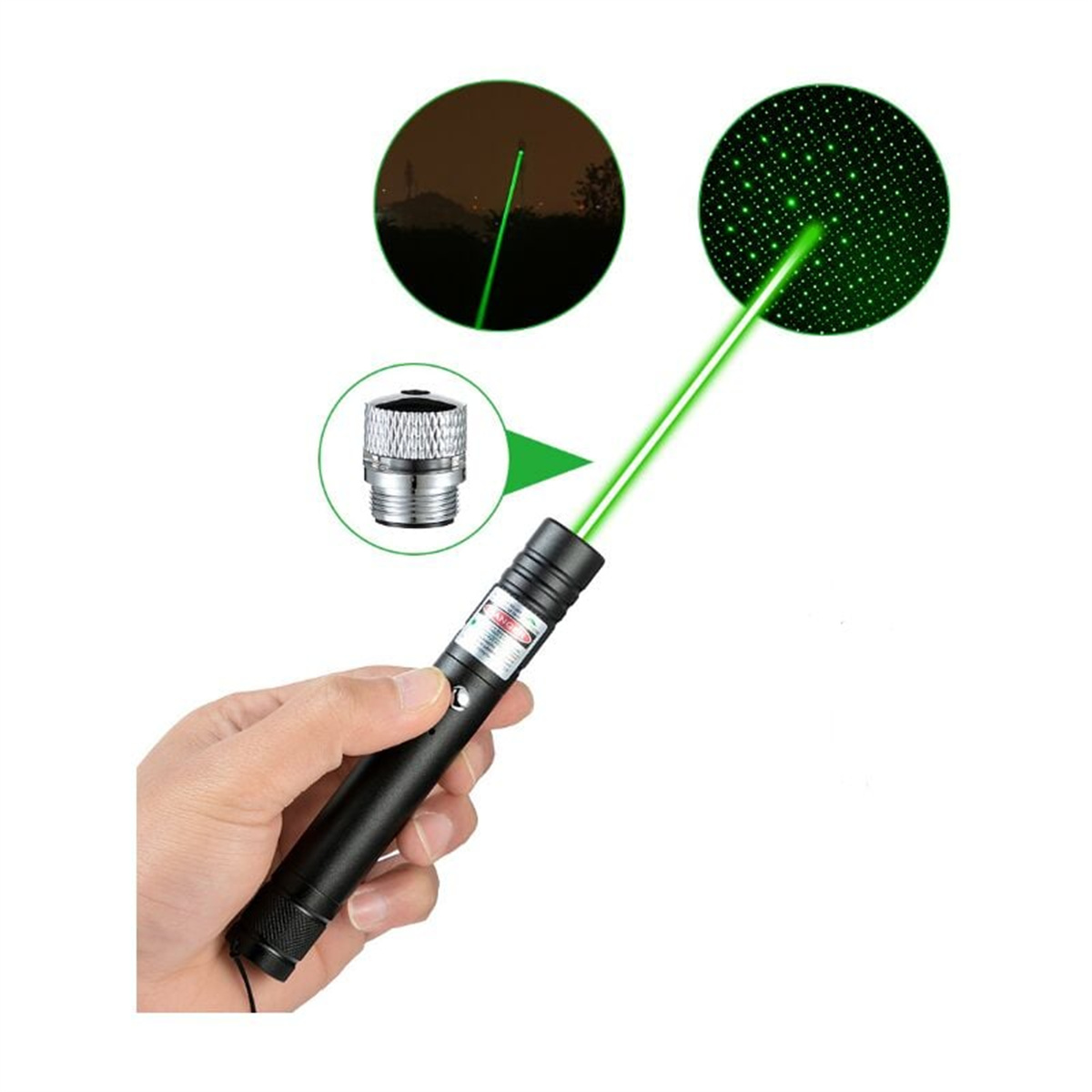 Eine Hand hält einen schwarzen Laserpointer, der einen grünen Strahl aussendet. Einsätze zeigen die Wirkung.