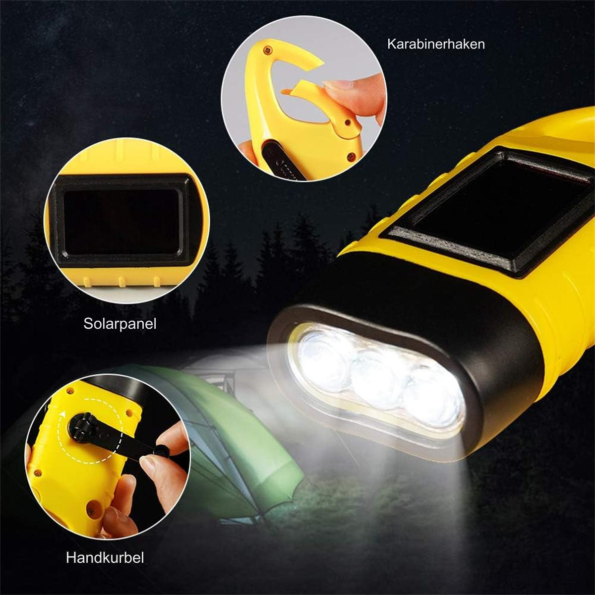 Gelbe Taschenlampe mit Solarpanel und Handkurbel. Nahaufnahmen von Funktionen werden hervorgehoben.
