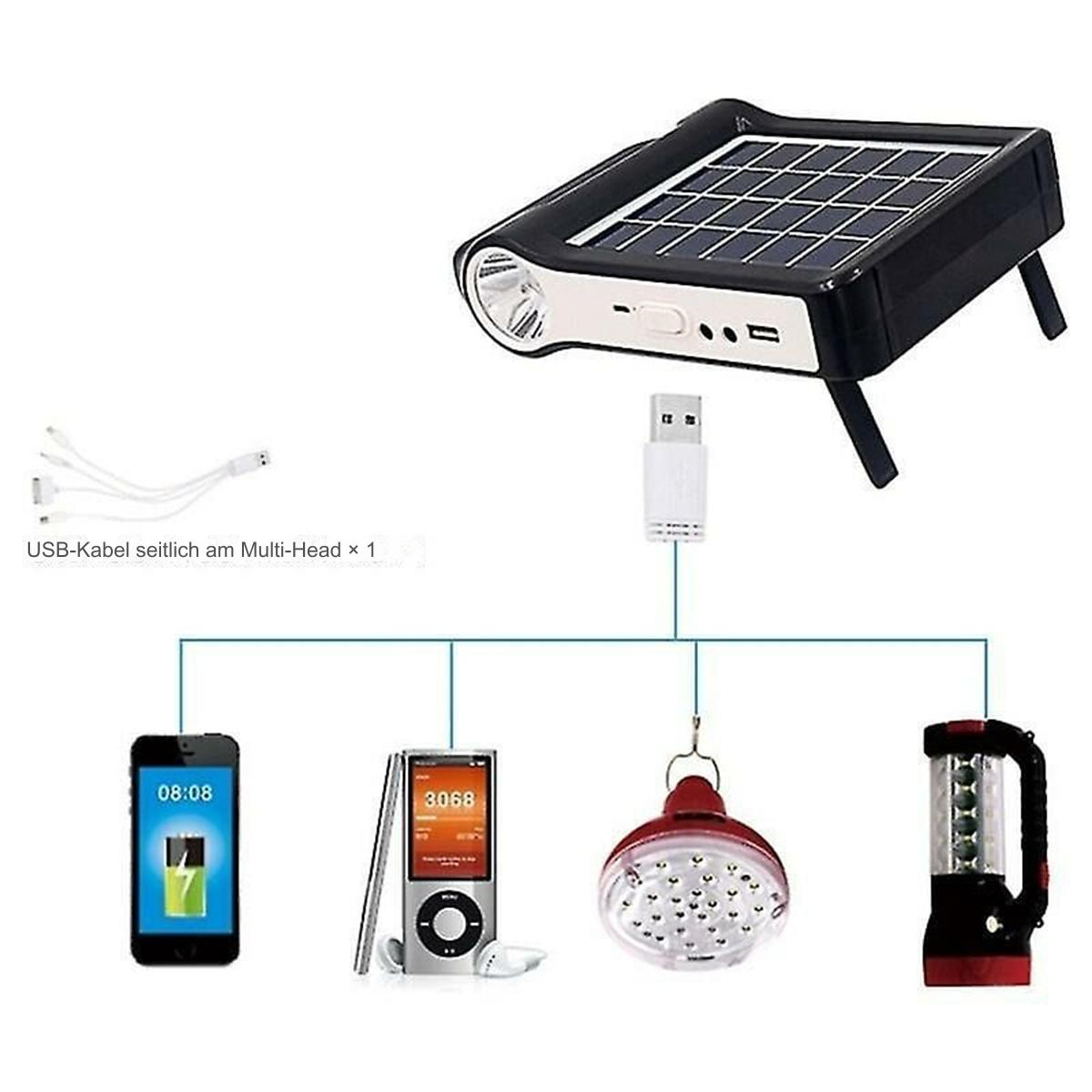 Solarbetriebene Lampe mit mehreren Ausgängen, Handy und andere Geräte.