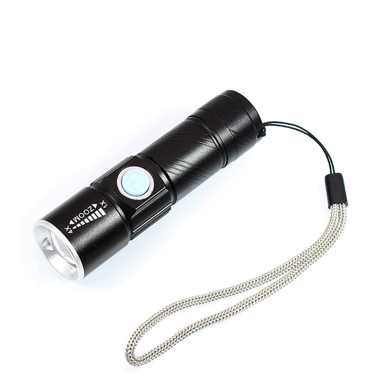 Schwarze Taschenlampe mit Zoomfunktion und Handschlaufe, auf weißem Hintergrund.