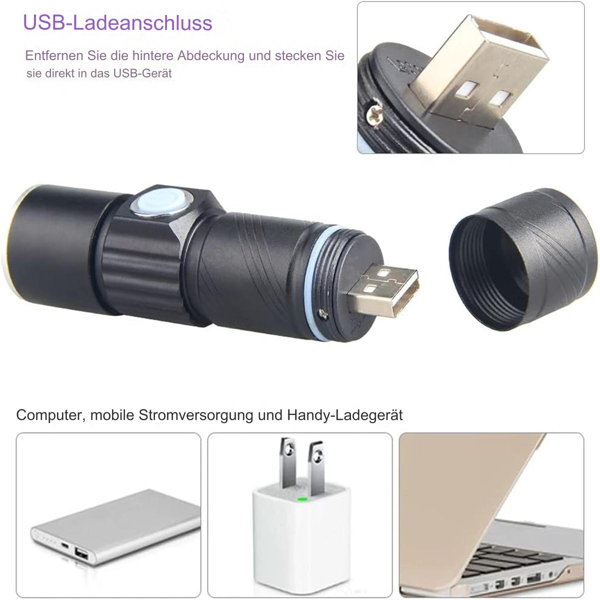 Schwarze Taschenlampe mit USB-Ladeanschluss. Inklusive USB-Ladegerät und Telefon, Ladegerät und Laptop.