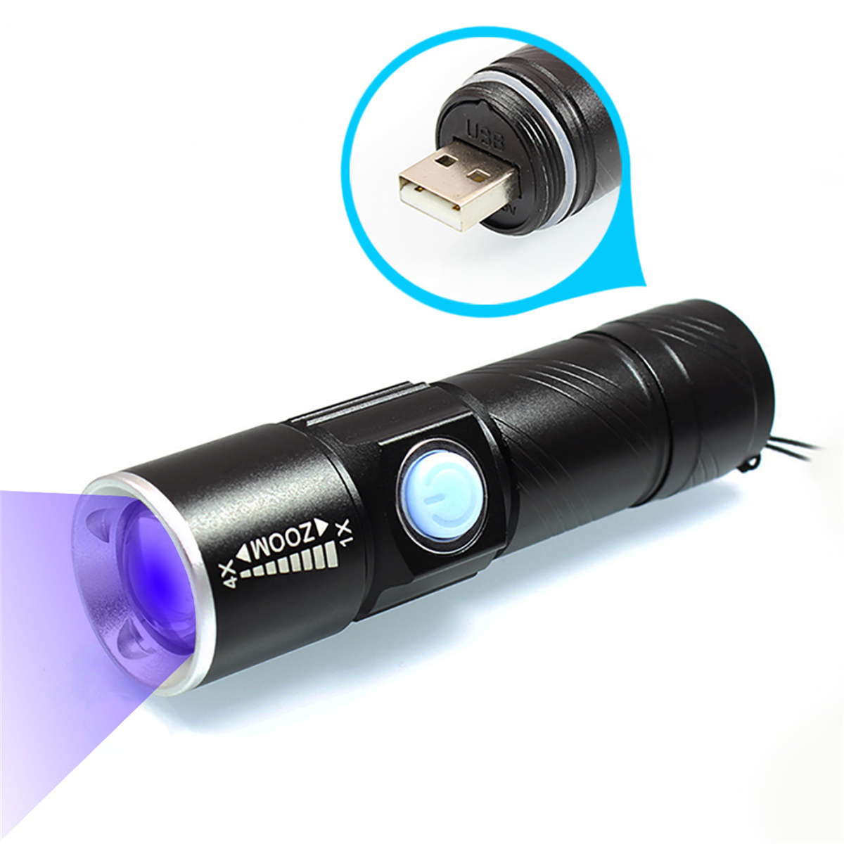 Schwarze Taschenlampe mit Zoomfunktion, blaues Licht, das von vorne austritt, mit einem USB-Anschluss.