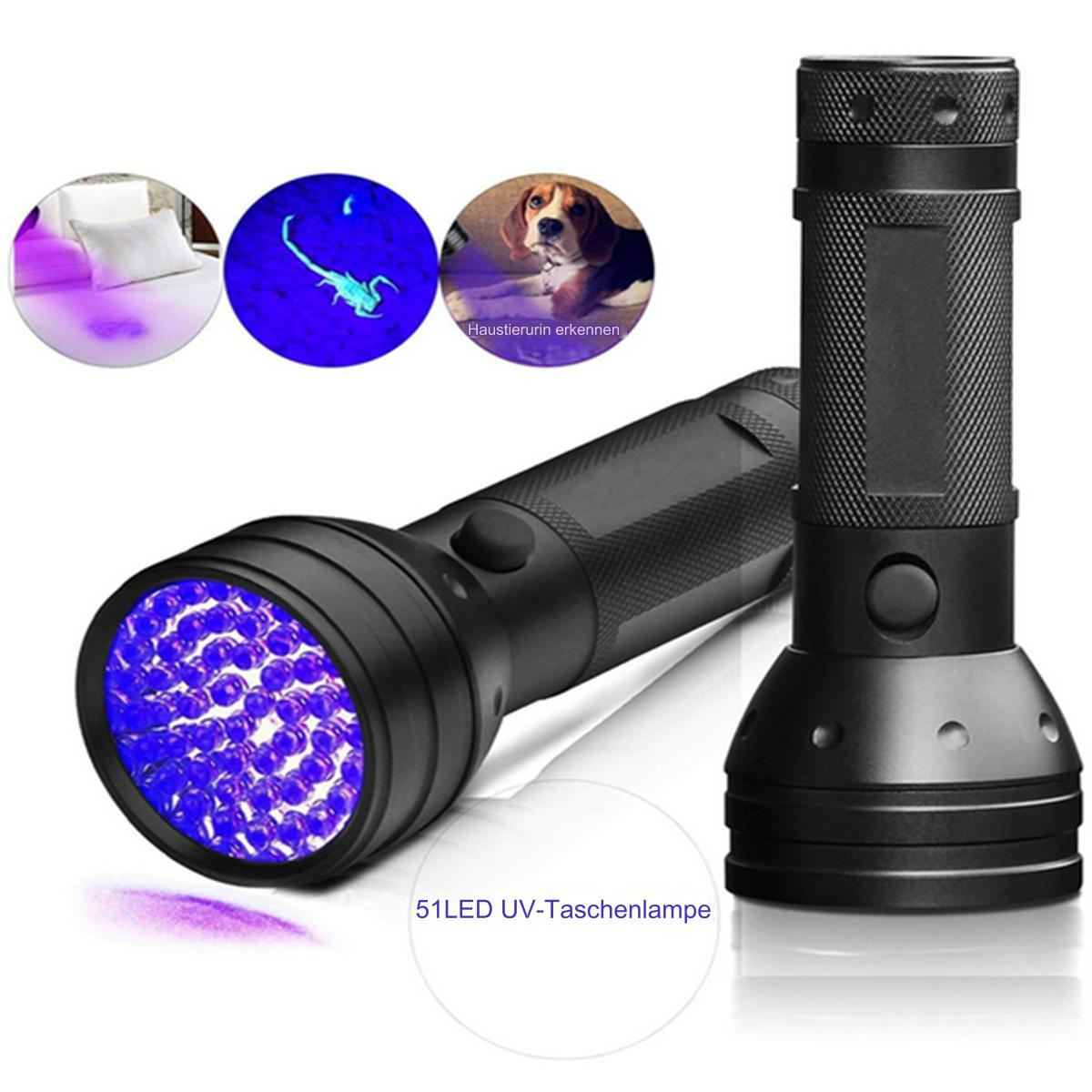 Schwarze UV-Taschenlampe. Kleine Bilder von Bett, Skorpion und Hund, jeweils unter UV-Licht.