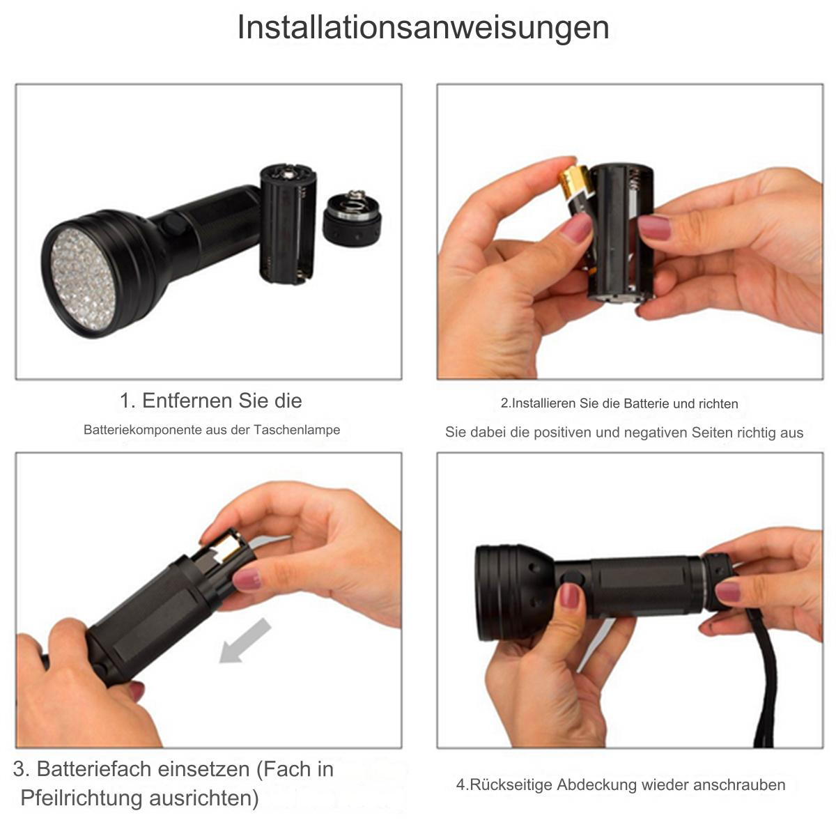 Vier Bilder zeigen die Montage einer Taschenlampe. Hände legen Batterien ein, schließen das Fach und schrauben die Rückseite zu.