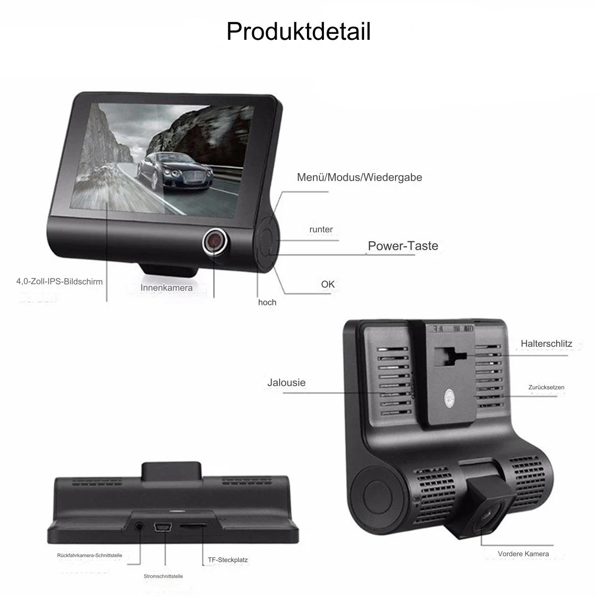 Diagramm einer Auto-Dashcam mit deutschen Beschriftungen. Komponenten sind abgebildet.