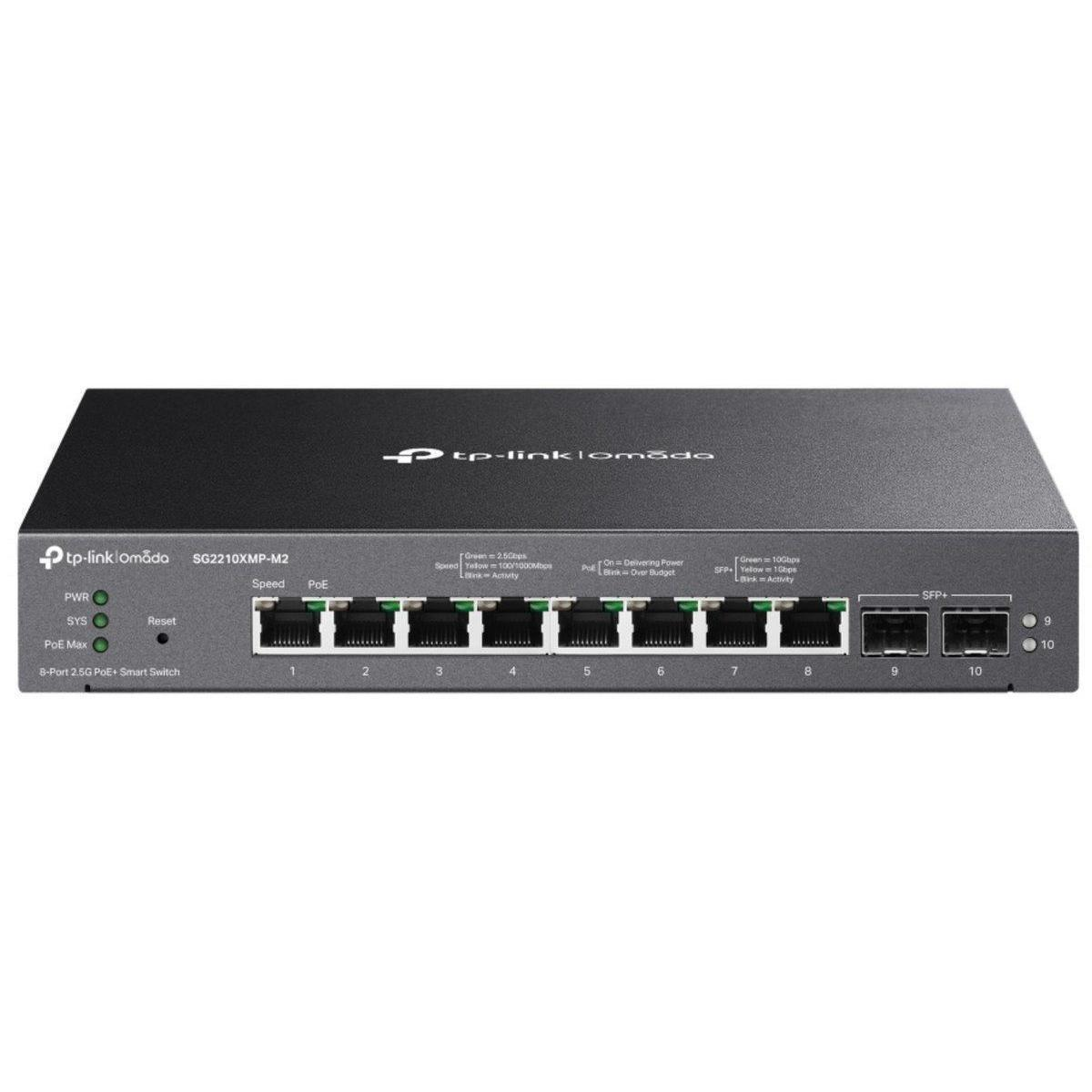 Schwarzer Netzwerk-Switch mit Anschlüssen und Lichtern. Das TP-Link-Logo ist sichtbar.