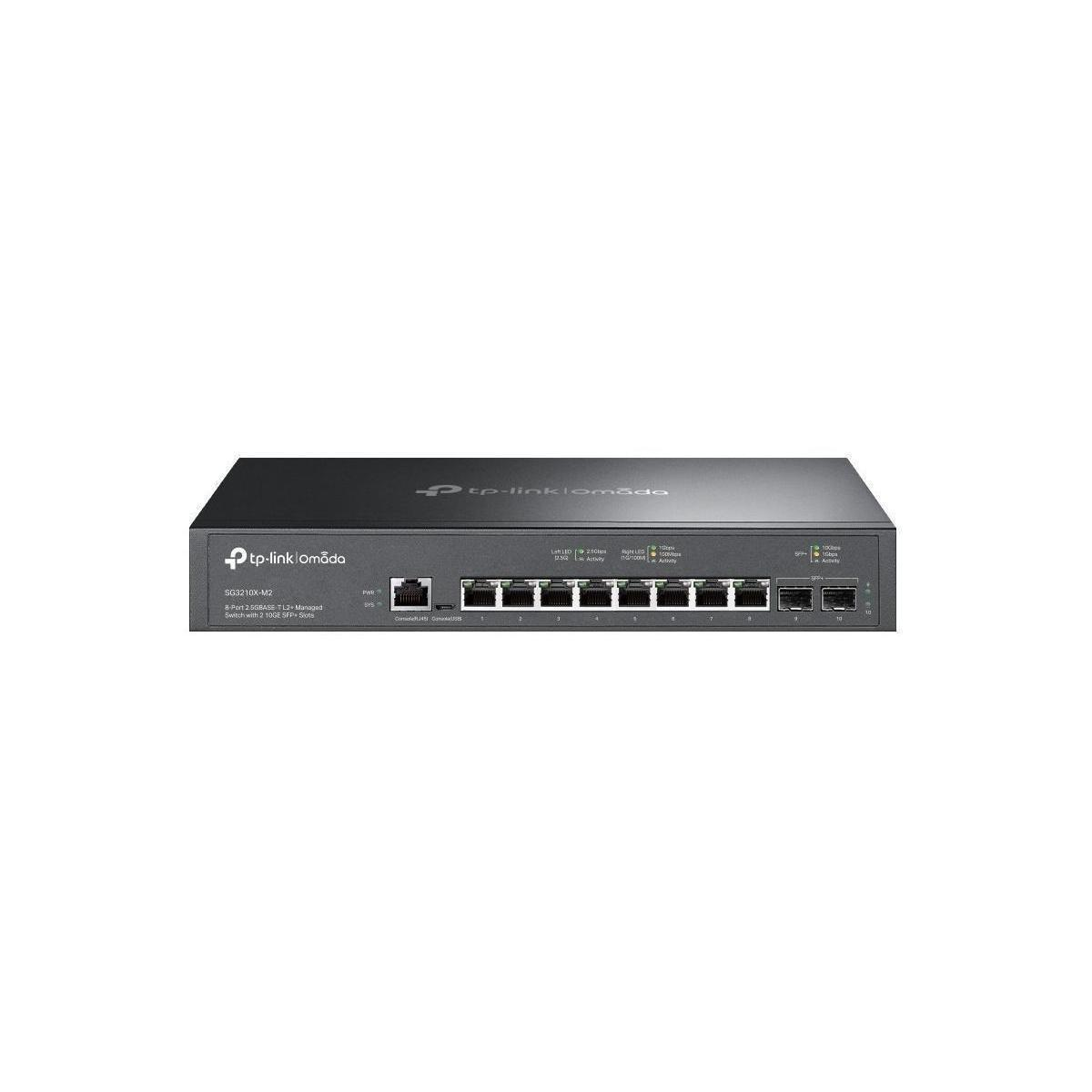 Ein schwarzer Netzwerk-Switch. Es hat mehrere Anschlüsse und das tp-link omada Logo auf der Vorderseite.