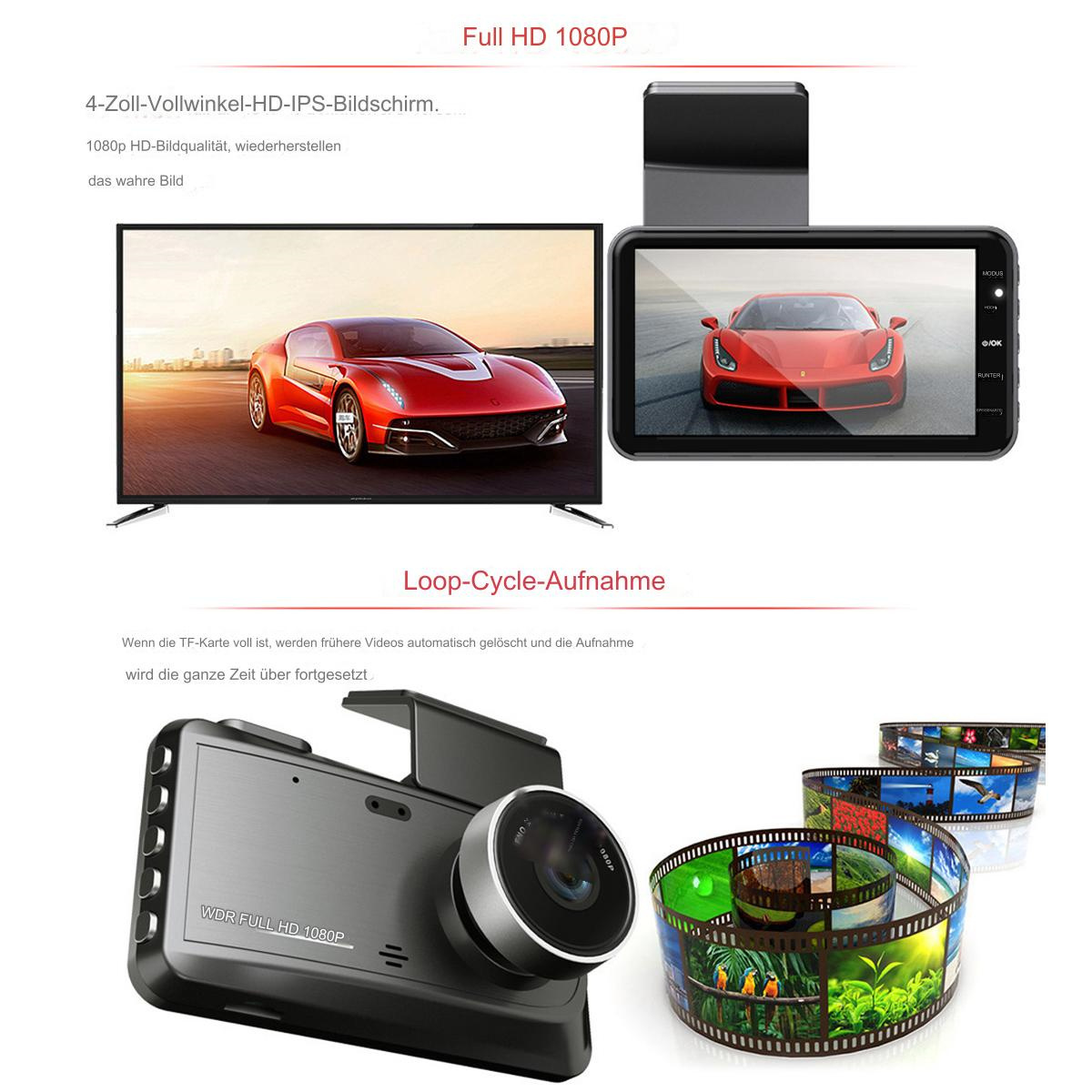 Ein Bildschirm und eine Dashcam mit rotem Auto und Videospulen. Text: Full HD 1080P und Loop-Cycle-Aufnahme.