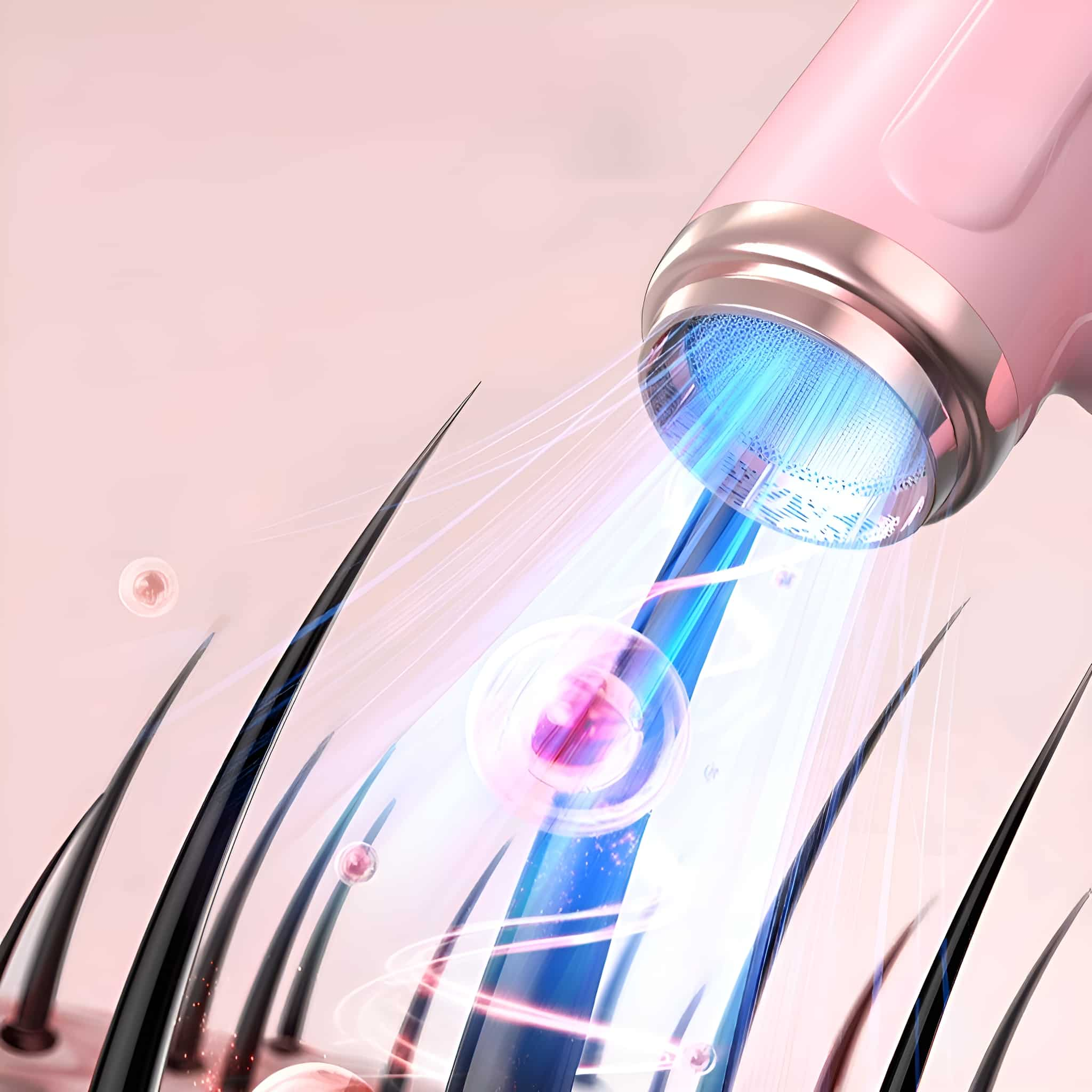 Haare werden mit blauem Licht behandelt. Rosa Gerät strahlt Licht auf dunkle Haarsträhnen.