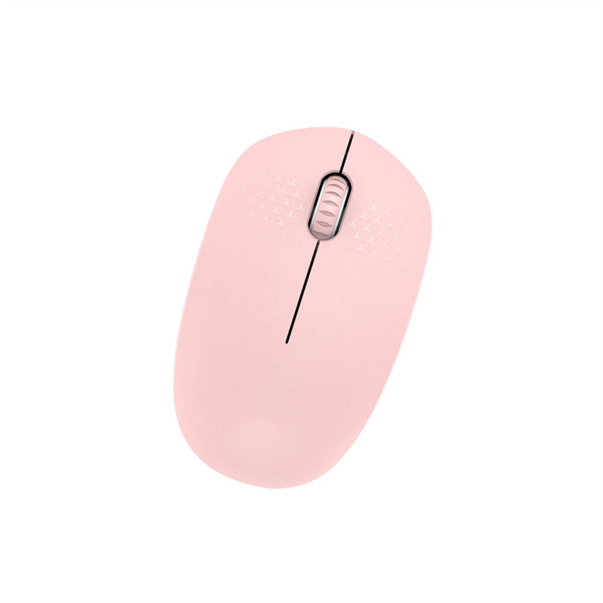 Rosa kabellose Maus mit schwarzer Linie und Scrollrad, auf weißem Hintergrund.