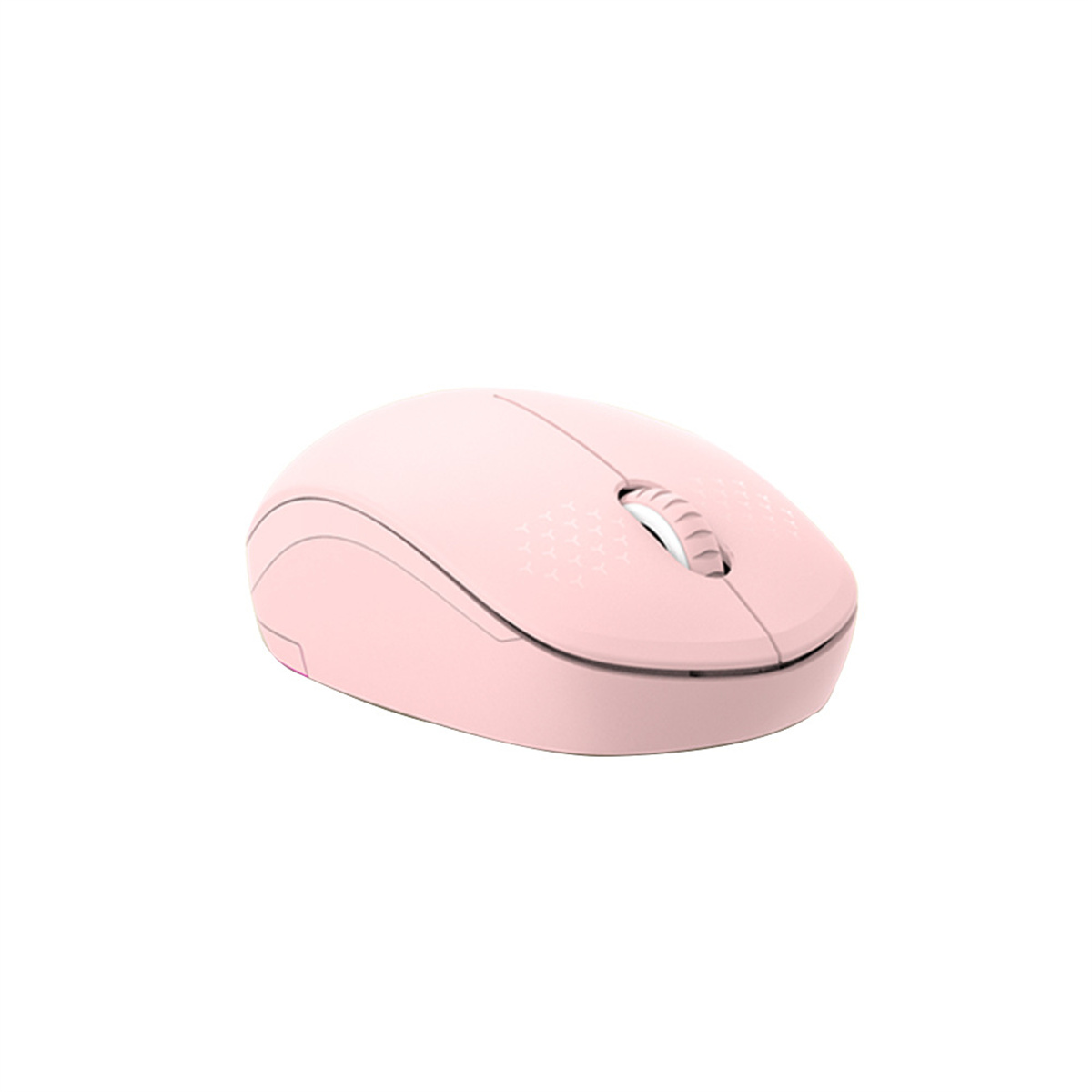 Rosa Computermaus auf weißem Hintergrund. Die Maus hat ein Scrollrad und ein schlichtes Design.