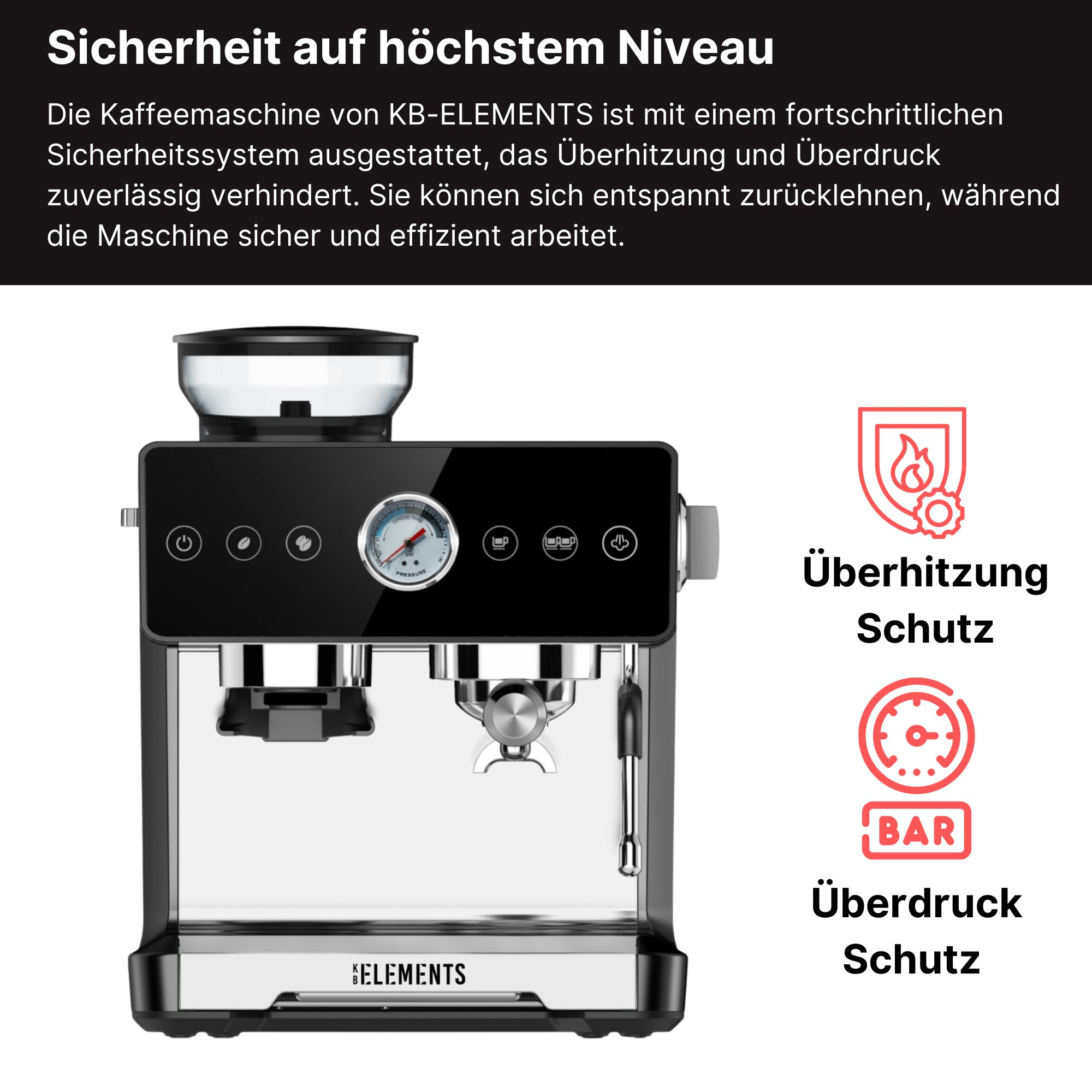 Schwarze und silberne Kaffeemaschine mit Drehknopf, Knöpfen und detaillierter Frontplatte. Text und Icons.