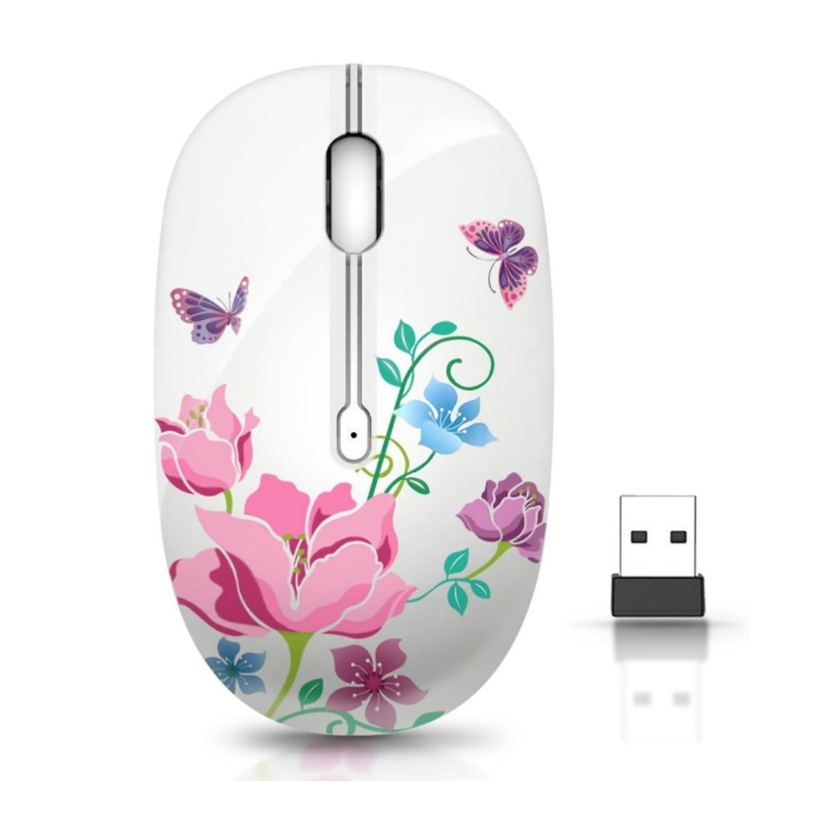 Weiße kabellose Maus mit Blumendesign und USB-Empfänger auf weißem Hintergrund.