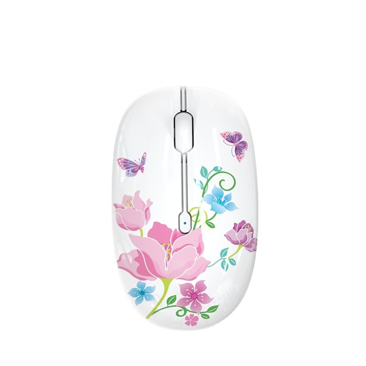 Weiße Computermaus mit Blumendesign. Rosa und lila Blumen mit Schmetterlingen auf weißer Oberfläche.
