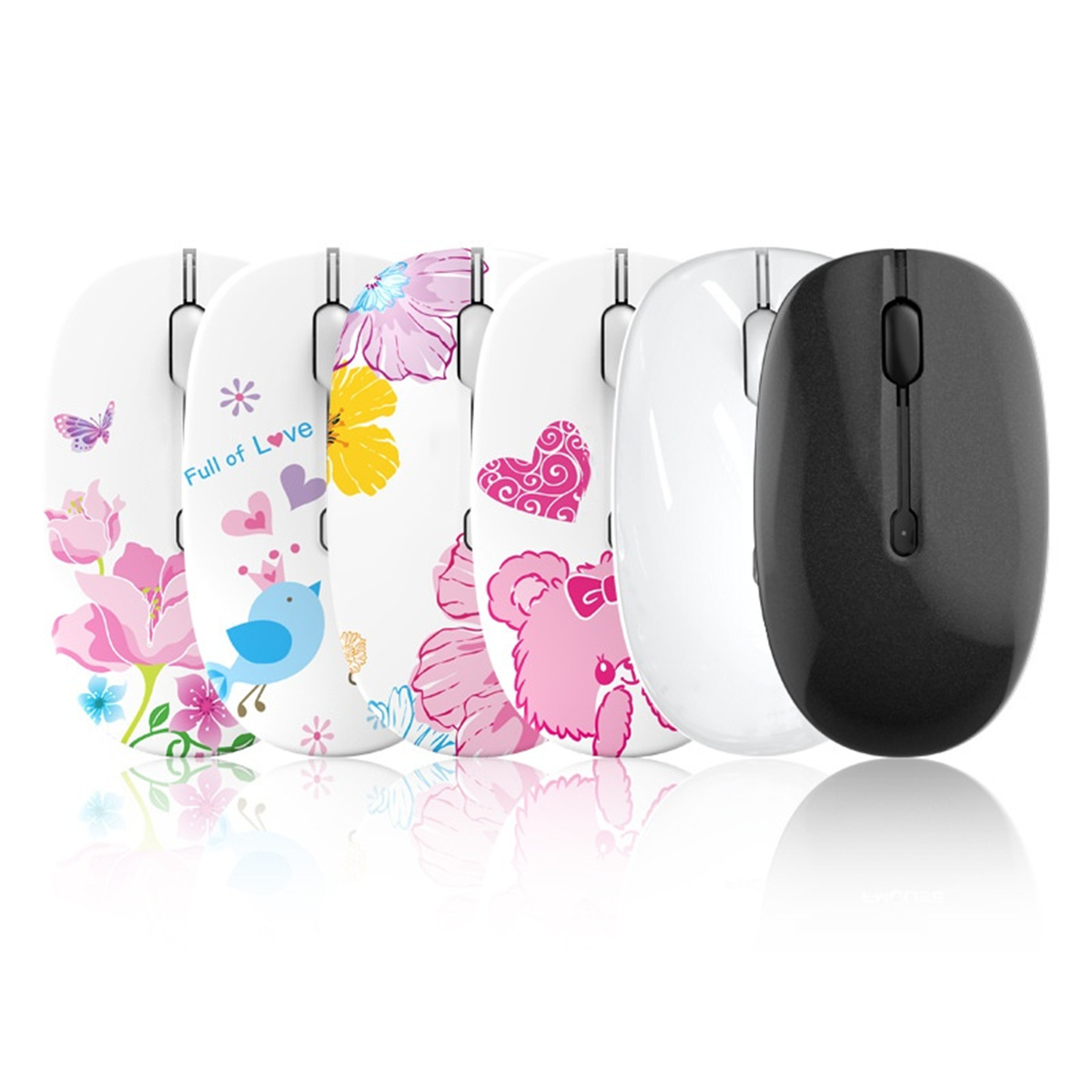 Mehrere Computermäuse mit floralen und anderen Designs. Verschiedene Farben und Muster sichtbar.