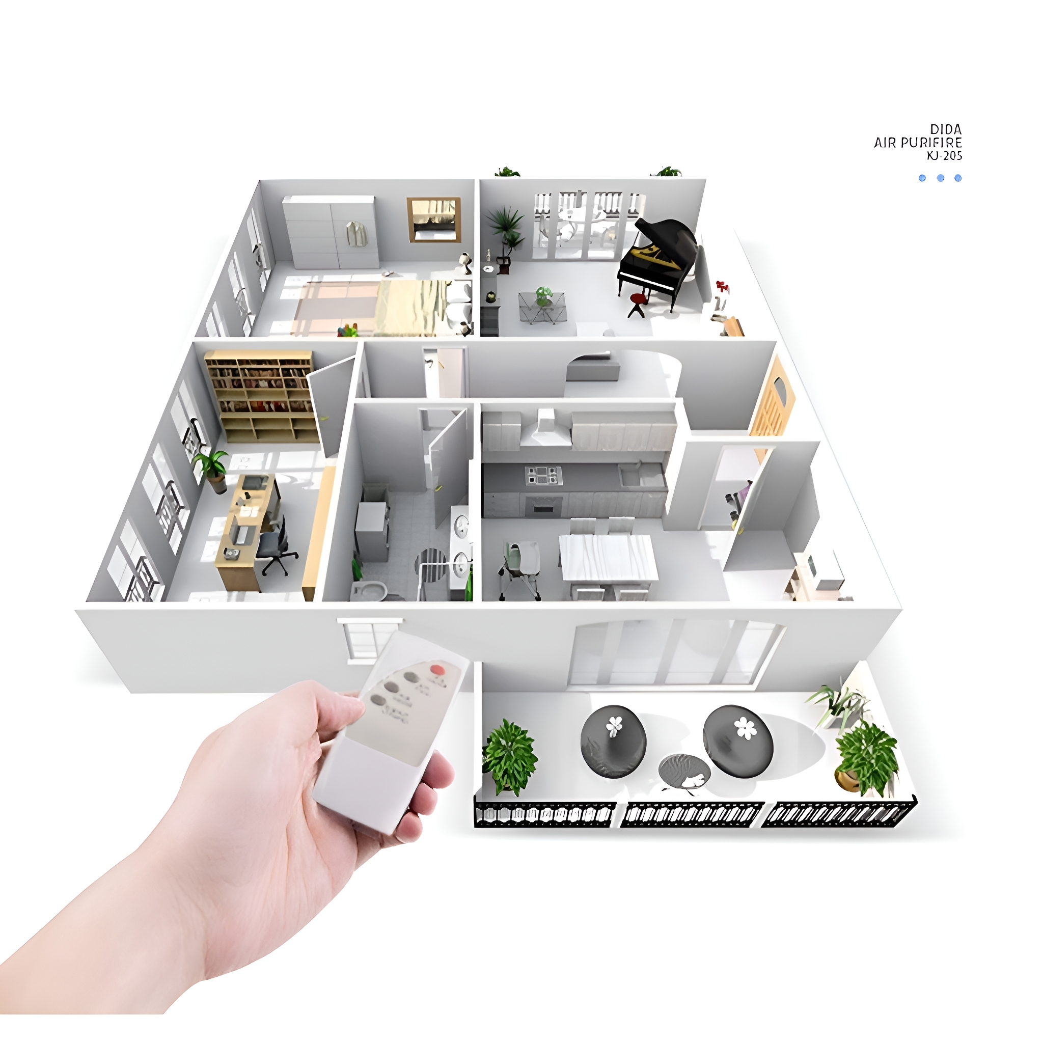 Ein 3D-Modell eines Hauses mit Zimmern, Möbeln und einer Hand, die eine Fernbedienung hält, alles auf Weiß.