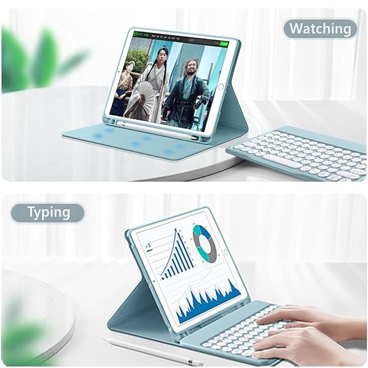 Zwei Bilder eines Tablets, eines zum Ansehen eines Videos, ein weiteres mit Datenanalyse und angeschlossener Tastatur.