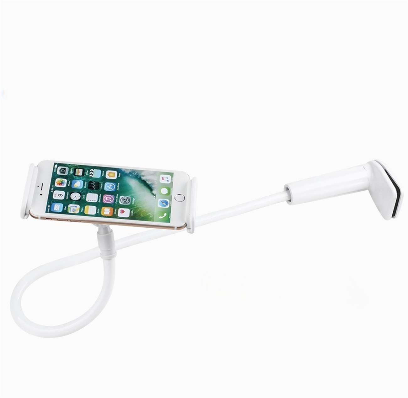Weißer Telefonhalter mit weißem Telefon, gebogen für Flexibilität, isoliert auf Weiß.