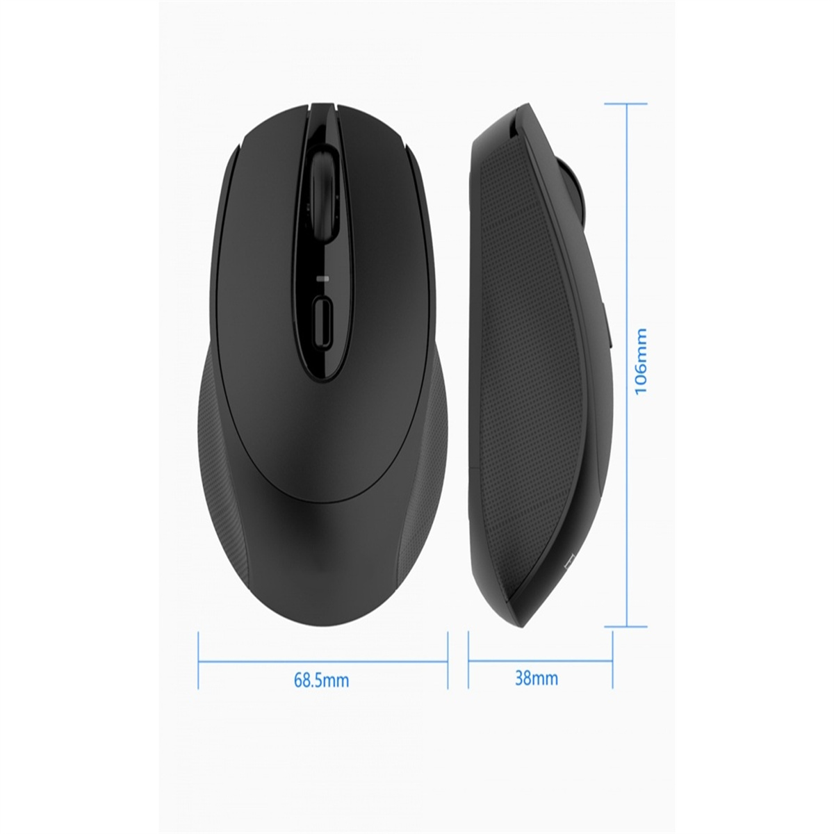 Eine schwarze Computermaus mit den Abmessungen 68,5 mm x 106 mm x 38 mm auf weißem Hintergrund.