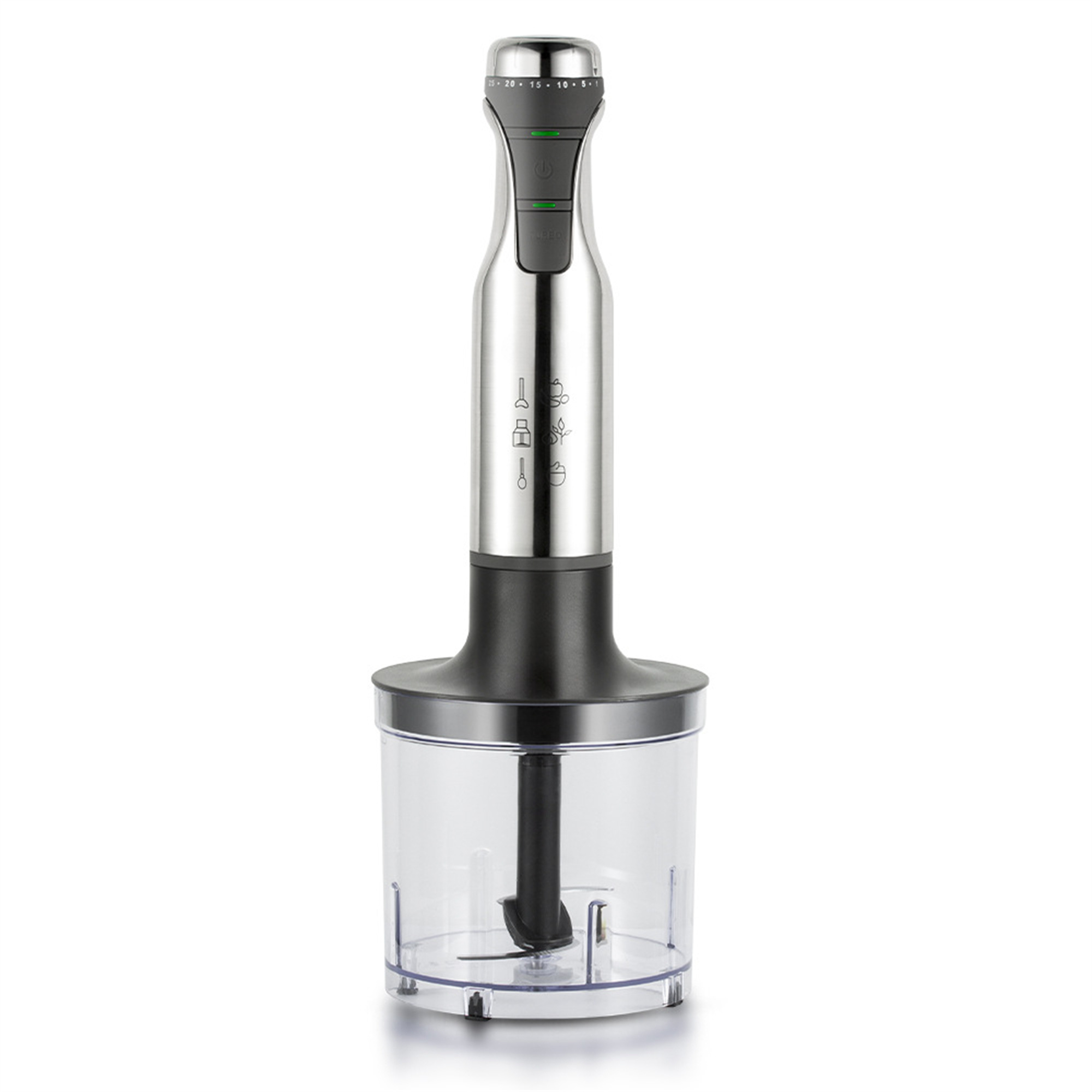 Handmixer aus Edelstahl mit einem transparenten Mixbehälter und einer schwarzen Klinge am Boden.