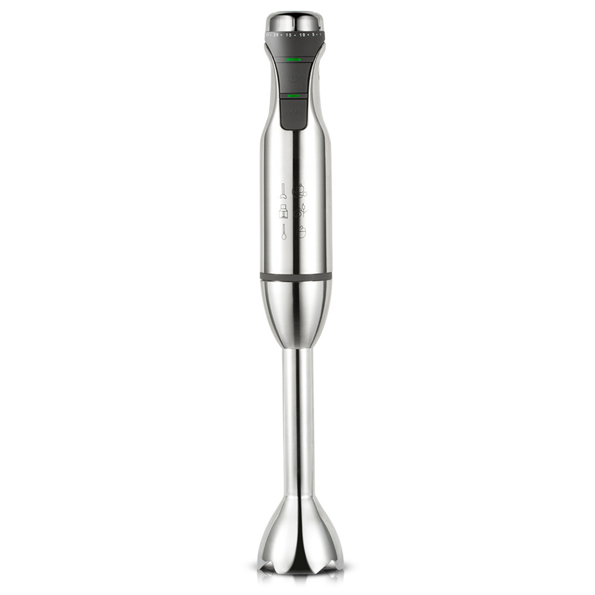 Ein silberner Stabmixer, aufrecht. Er hat einen langen Schaft mit Mixkopf und ein Bedienfeld.