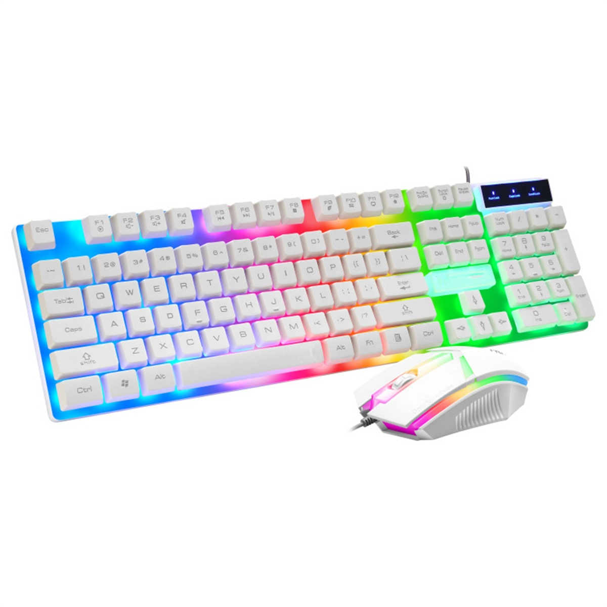 Weiße Tastatur und Maus mit RGB-Beleuchtung. Die Tastatur hat weiße Tasten, die Maus ein Scrollrad.