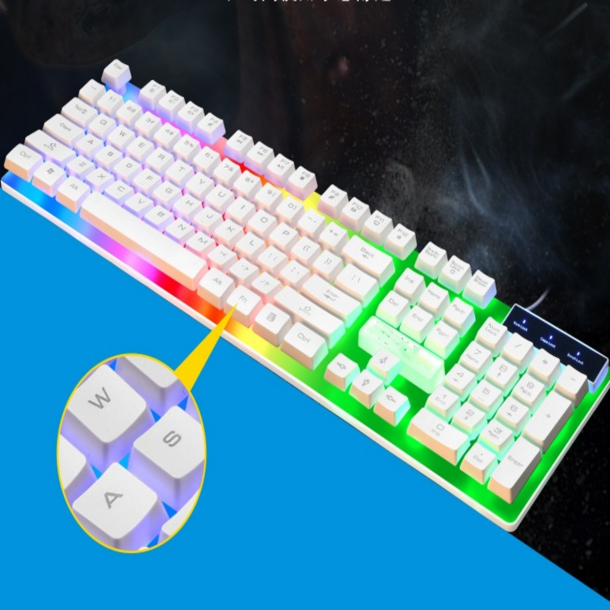 Eine Tastatur mit weißen Tasten und RGB-Beleuchtung. Die Tasten sind in verschiedenen Farben beleuchtet.