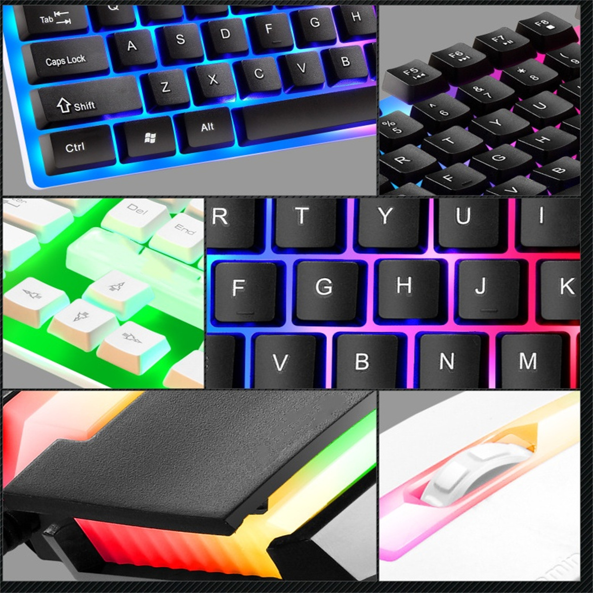 Collage von Tastaturdetails: Tasten, Beleuchtung und Komponenten.