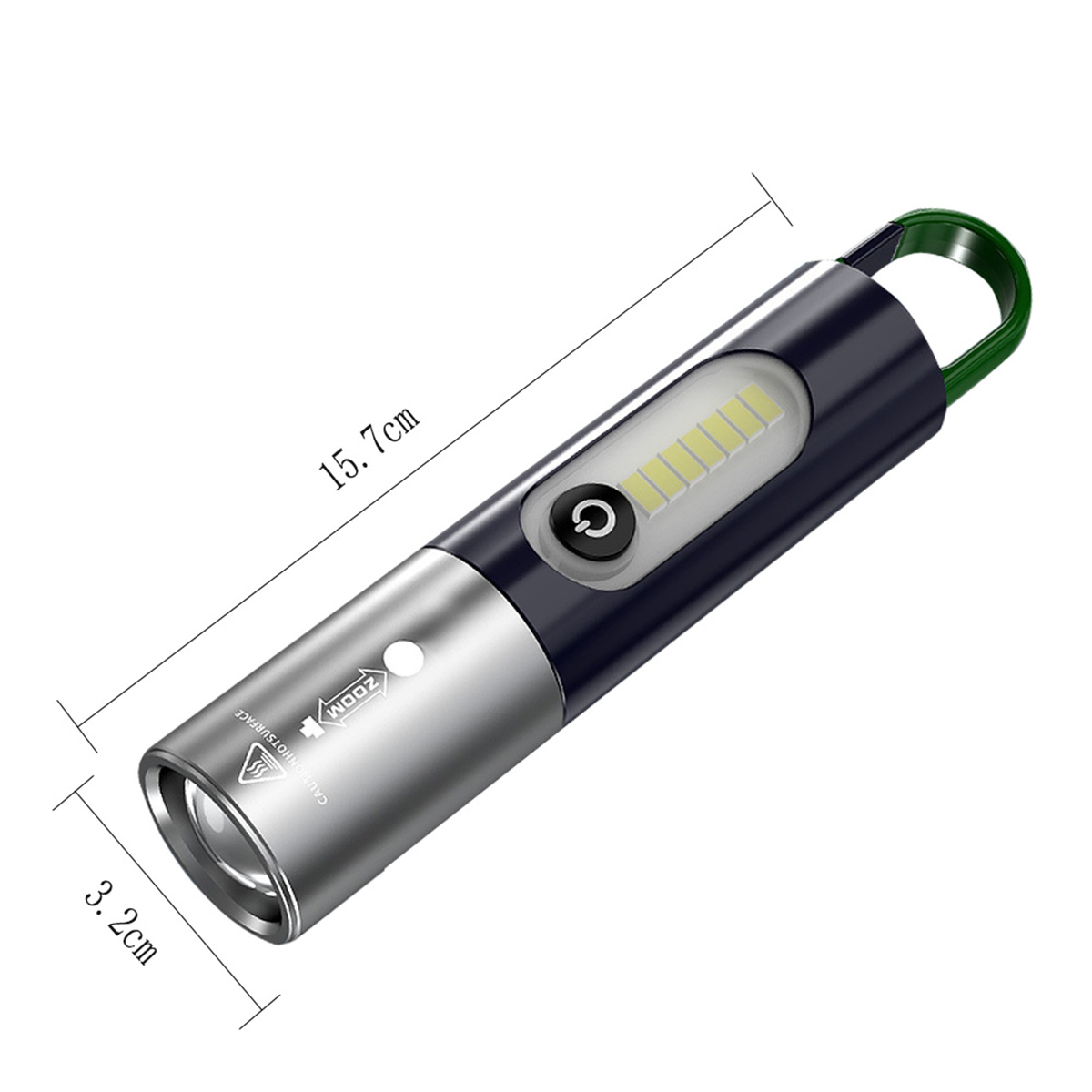 Silberne und schwarze Taschenlampe mit Maßen: 15,7 cm lang und 3,2 cm breit. Grüne Schlaufe.