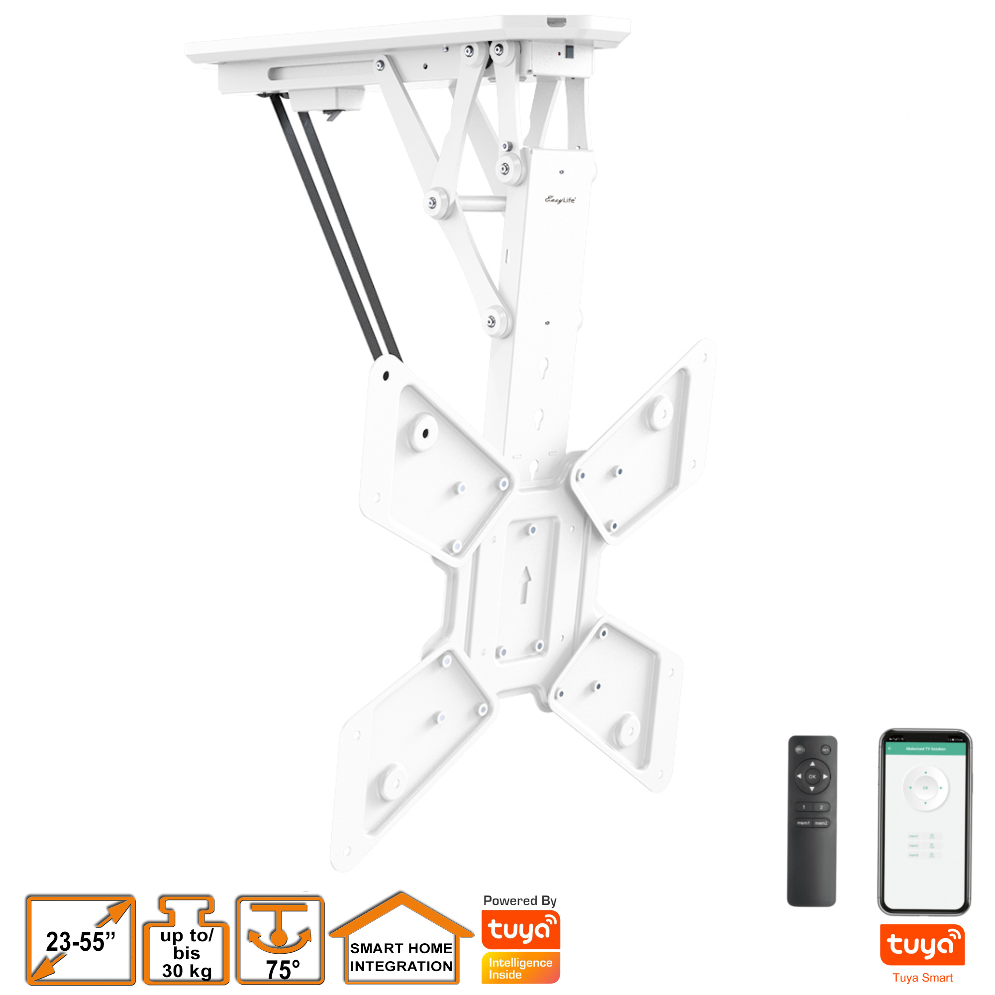 Weißer Decken-TV-Halter mit Fernbedienung und Smartphone. Weißer Hintergrund mit Text.