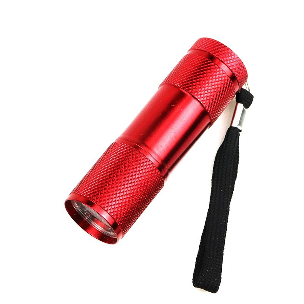 Rote Taschenlampe mit schwarzem Riemen. Die Taschenlampe ist zylindrisch und hat einen strukturierten Griff.