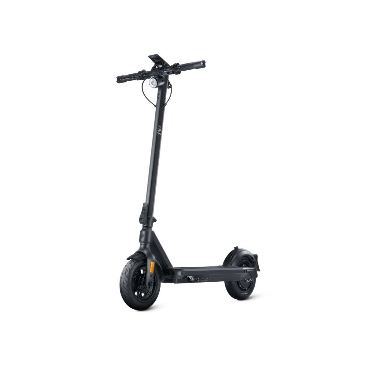 Schwarzer Elektroroller auf weißem Hintergrund. Isoliert. Lenker, Räder und Deck.