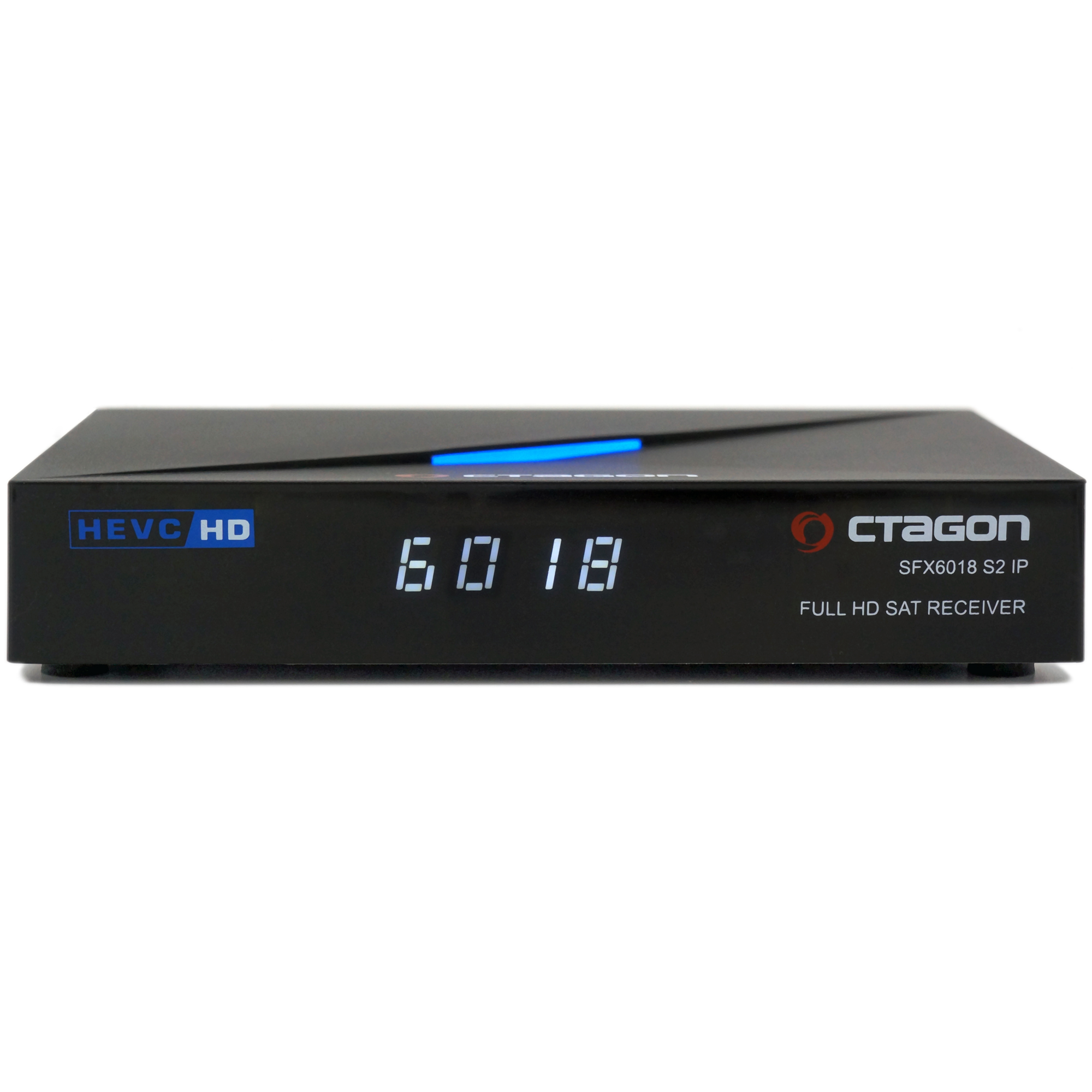 Schwarzer STAGon-Receiver mit Digitalanzeige, die 6018 anzeigt. HEVC HD-Logo links.