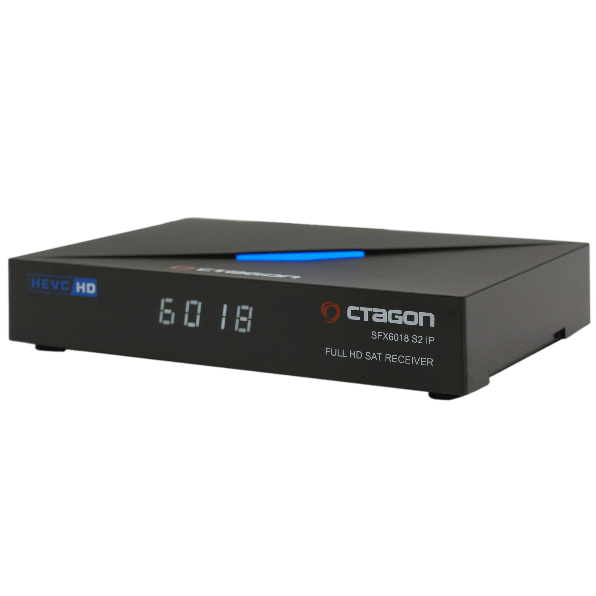 Eine schwarze Set-Top-Box mit Display. Es trägt den Markennamen und befindet sich auf weißem Hintergrund.