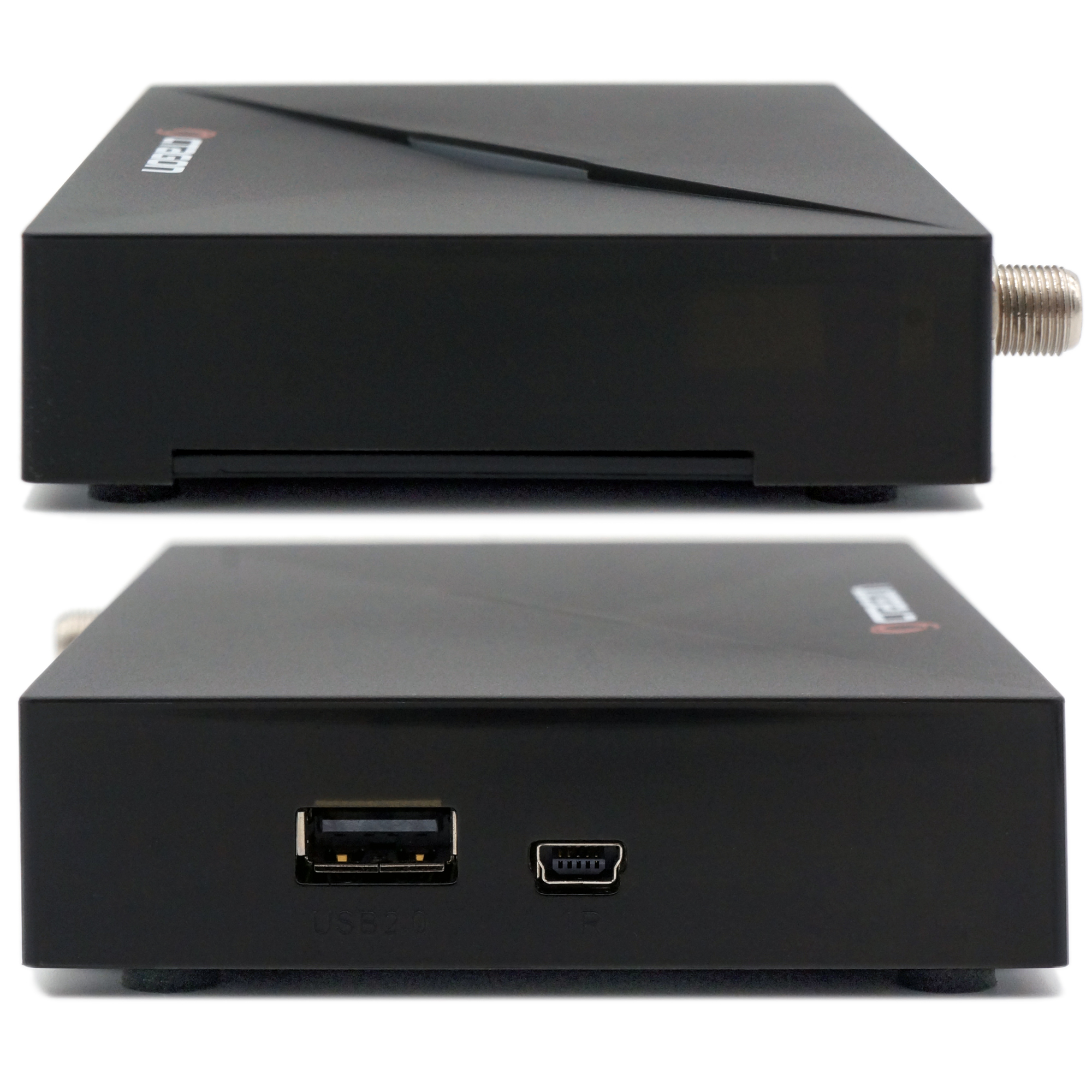 Zwei schwarze Set-Top-Boxen, eine über der anderen. USB und andere Anschlüsse sichtbar.