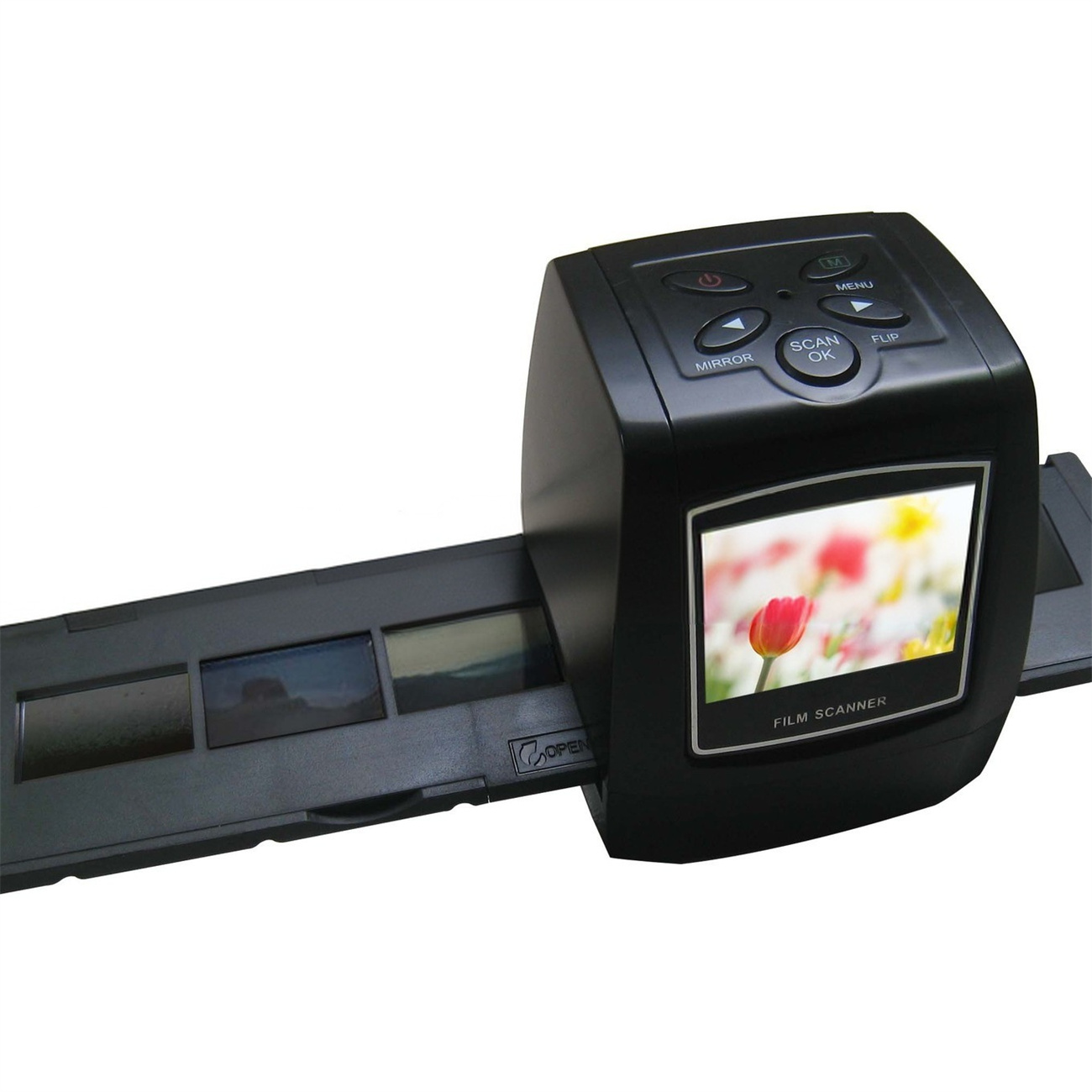 Filmscanner mit Foto, mit einem Tablett mit Filmstreifen im Vordergrund.