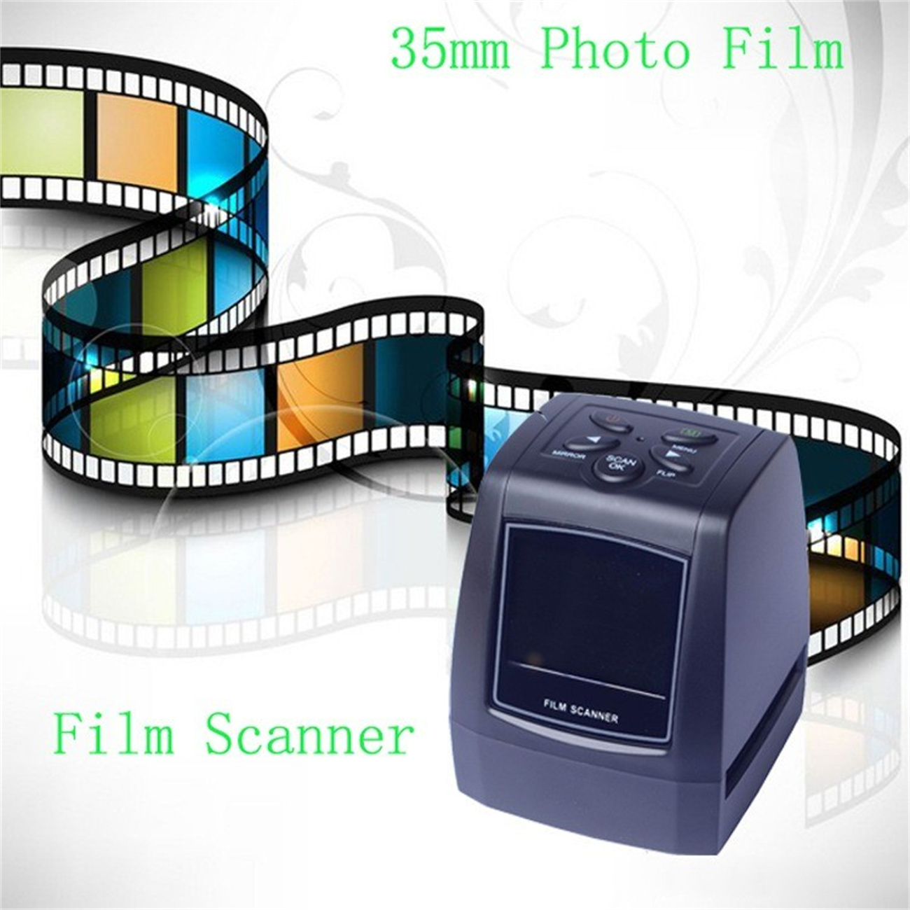 Filmscanner mit Filmstreifen und Text. Schwarzer Scanner mit Bedientasten.