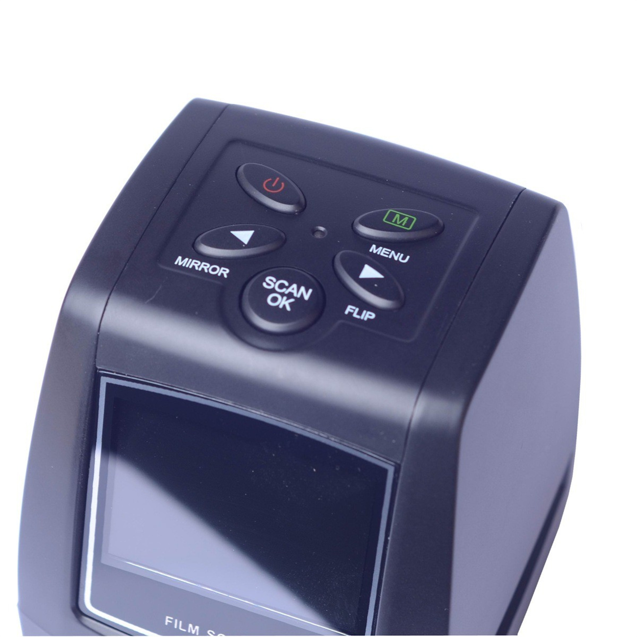 Nahaufnahme eines schwarzen Filmscanners mit Knöpfen und einem Display.
