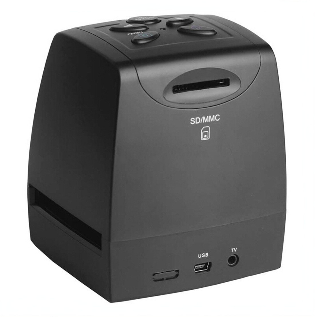 Ein schwarzes, kastenförmiges Gerät mit Knöpfen, SD/MMC-Steckplatz, USB- und TV-Anschlüssen, auf weißem Grund.